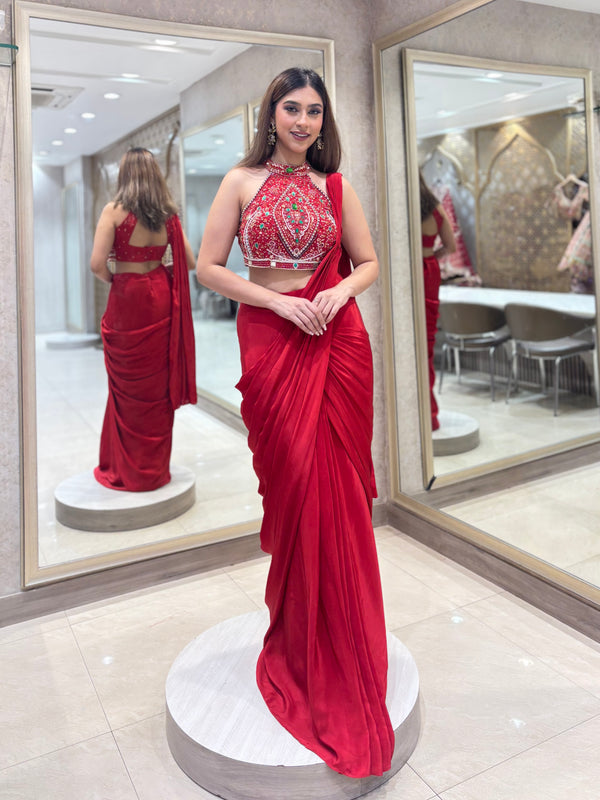 Crimson Glamour Pre-Draped Saree Set