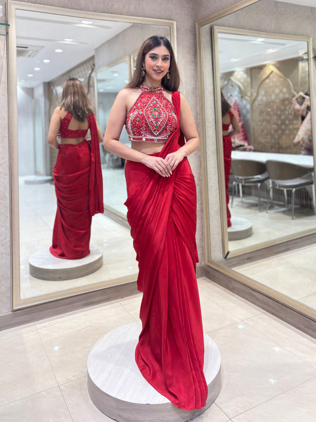 Crimson Glamour Pre-Draped Saree Set Hover Image