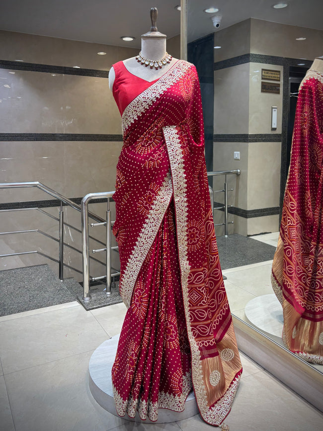 Handcrafted Bandhani Saree with Gota Patti Hover Image