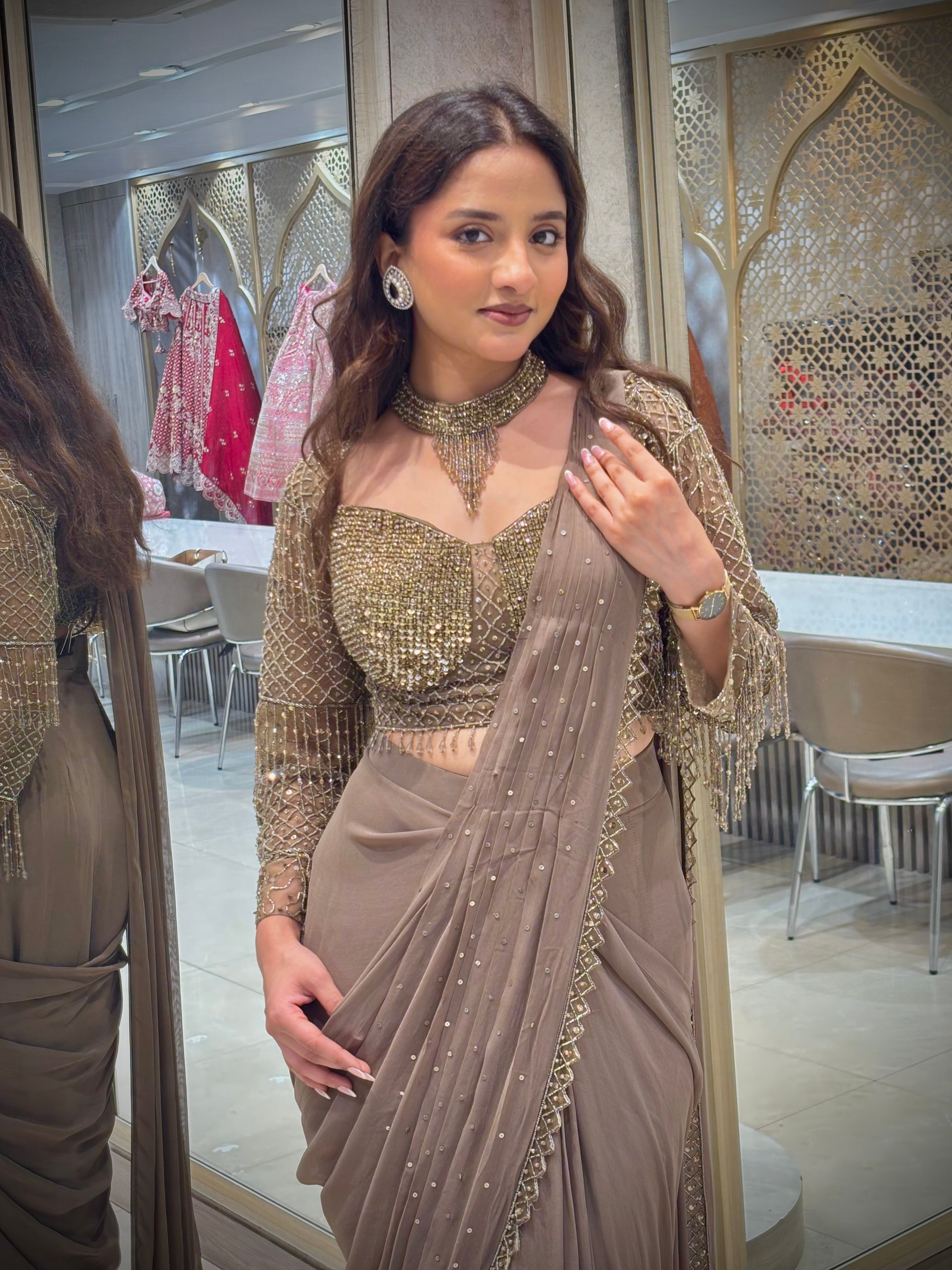 Misty Taupe Pre Draped Saree Set