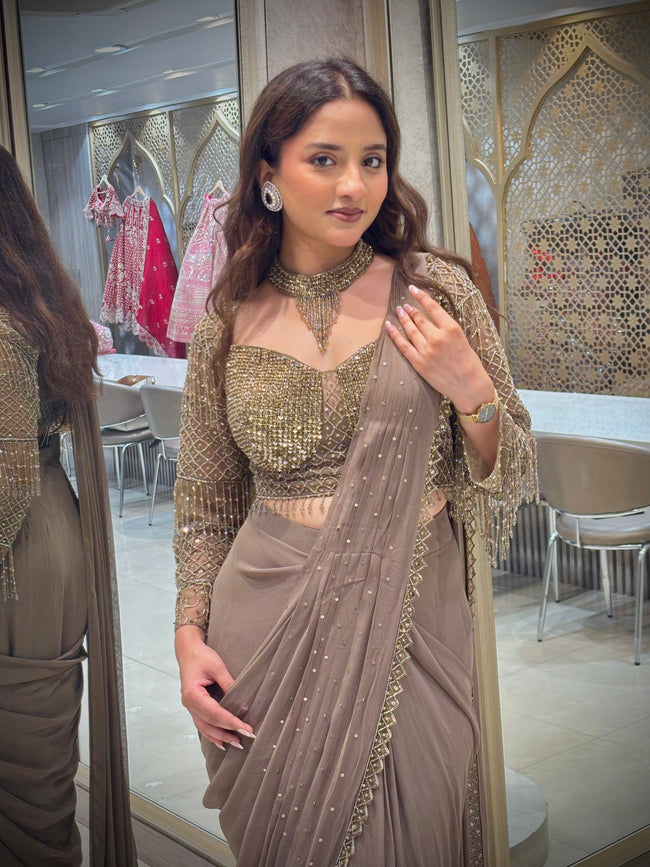 Misty Taupe Pre Draped Saree Set Main Image