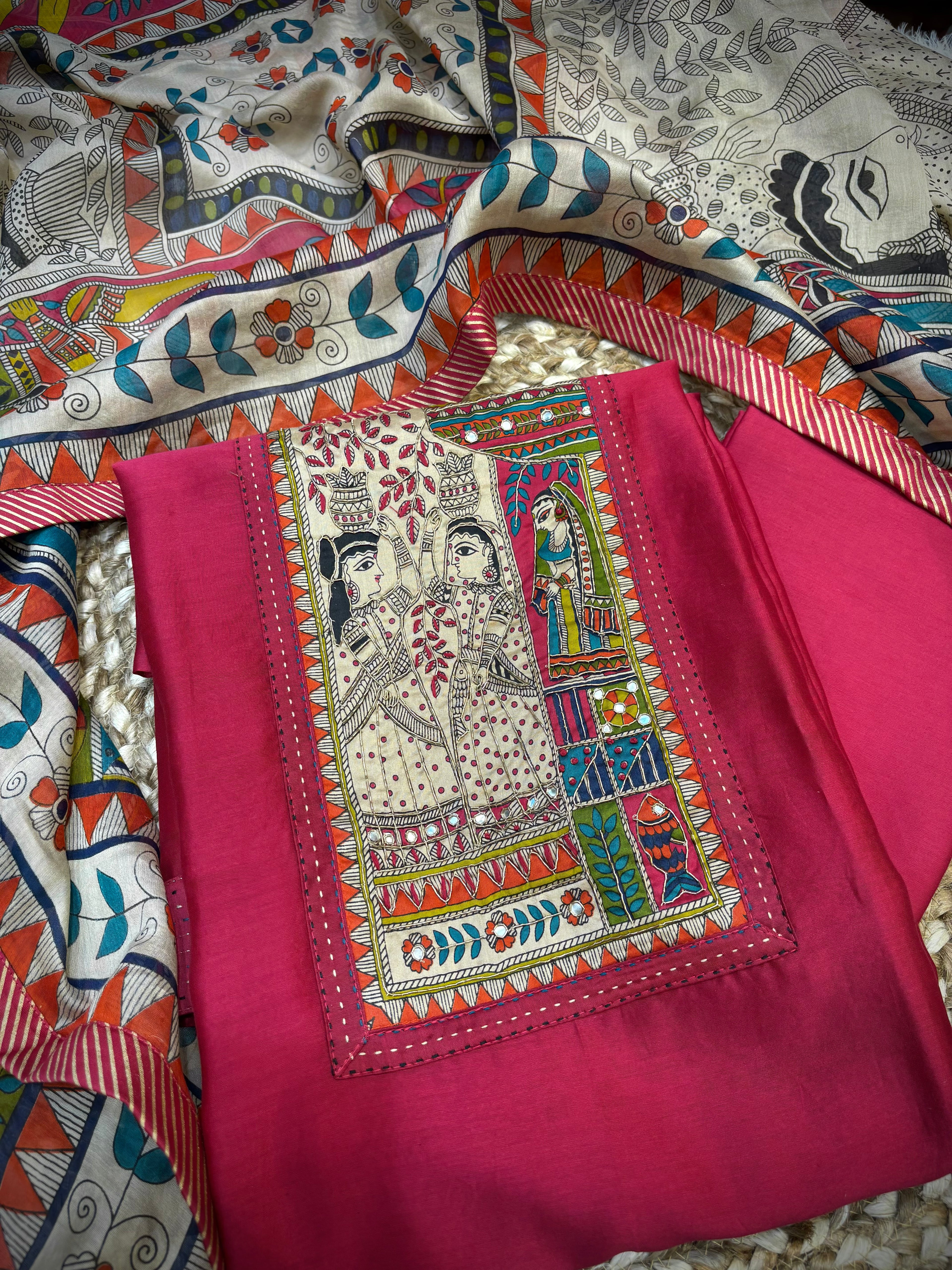 Madhubani Printed Maheshwari Silk Unstitched Suit