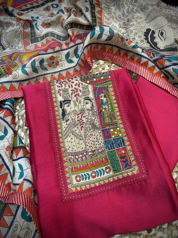 Madhubani Printed Maheshwari Silk Unstitched Suit
