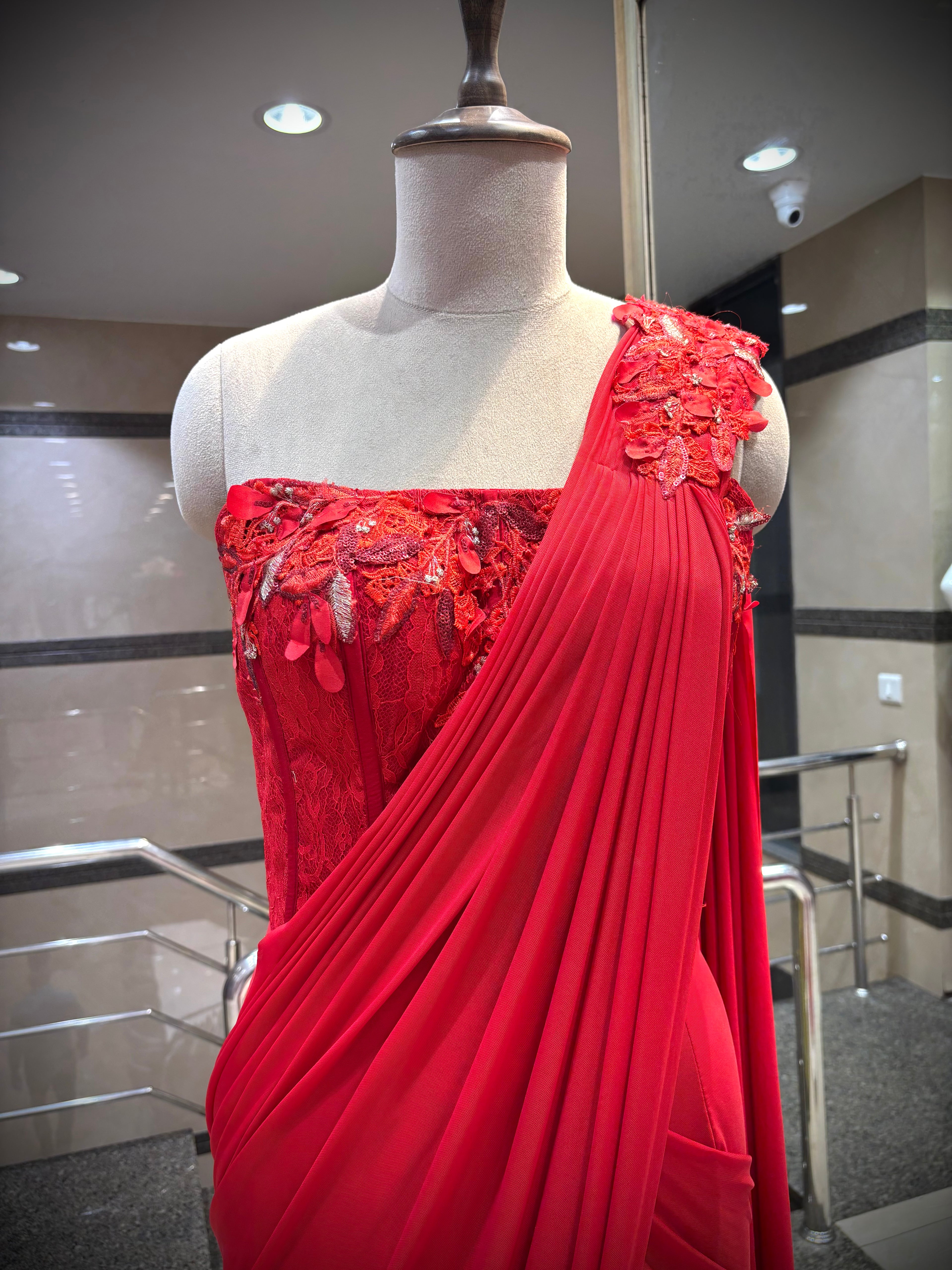 Crimson Sculpted Pre-Draped Saree