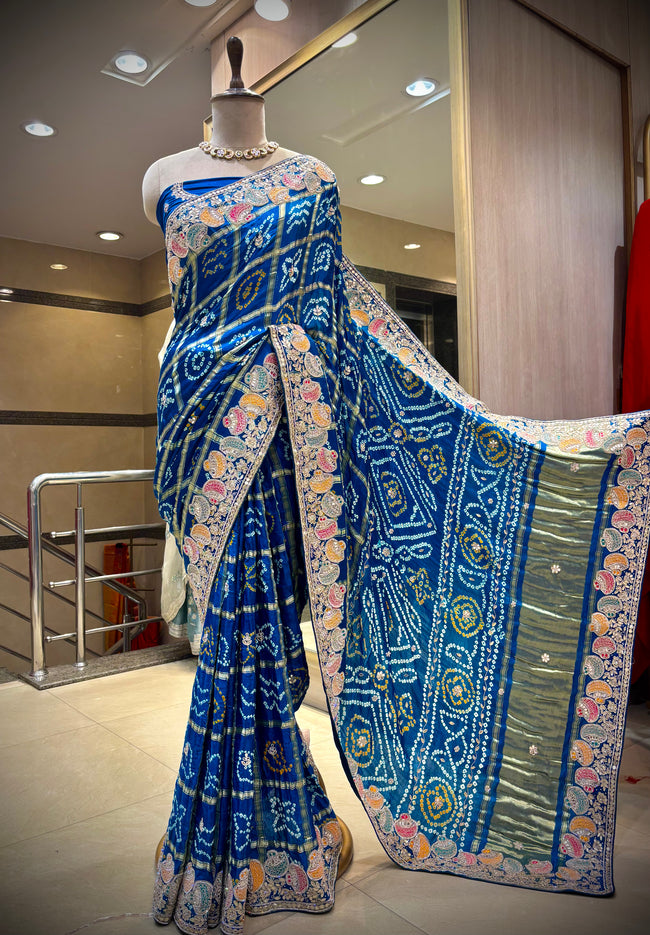 Royal Teal Silk Bandhani Saree Hover Image