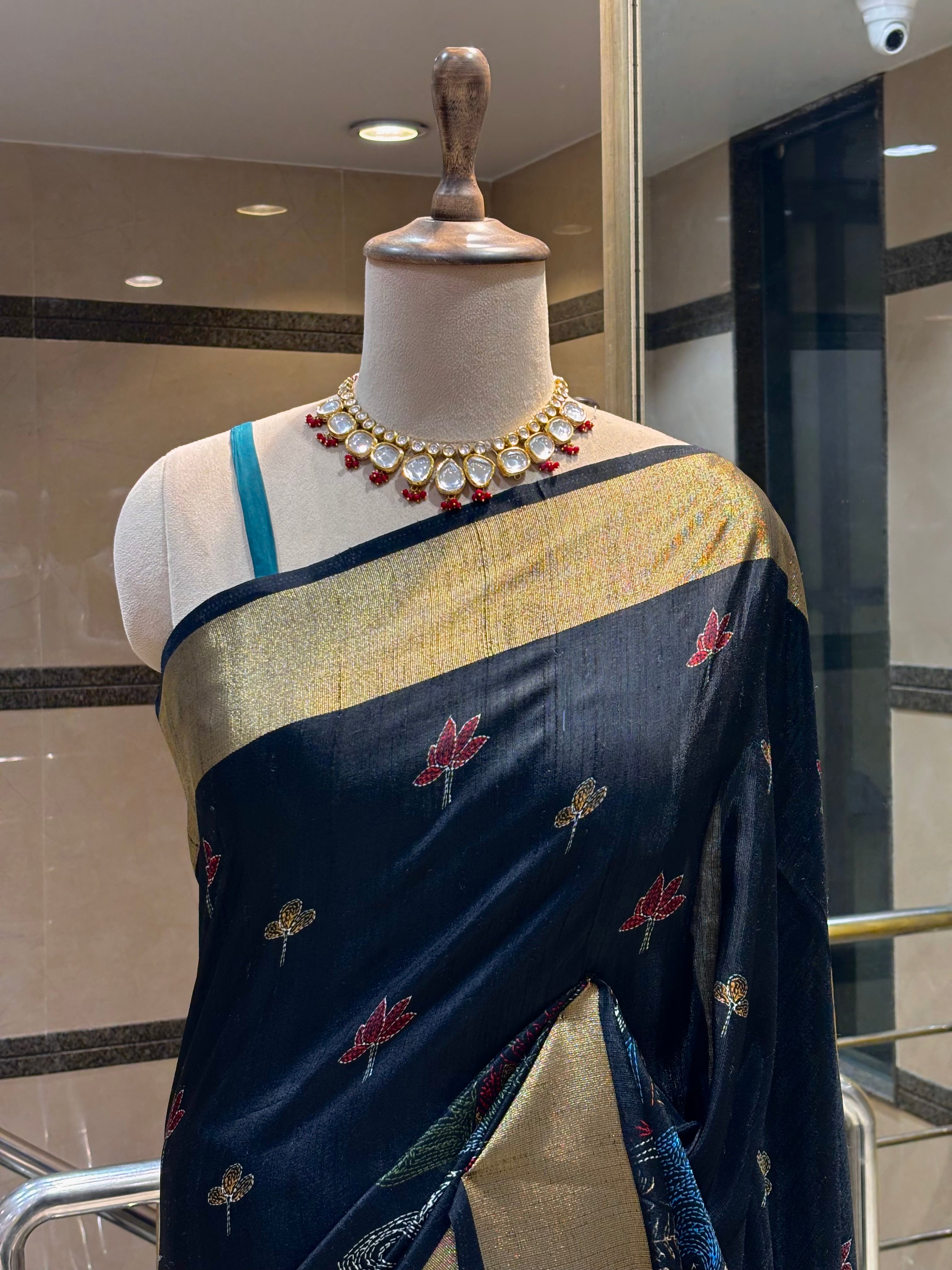 Midnight Kantha and Madhubani Print Saree