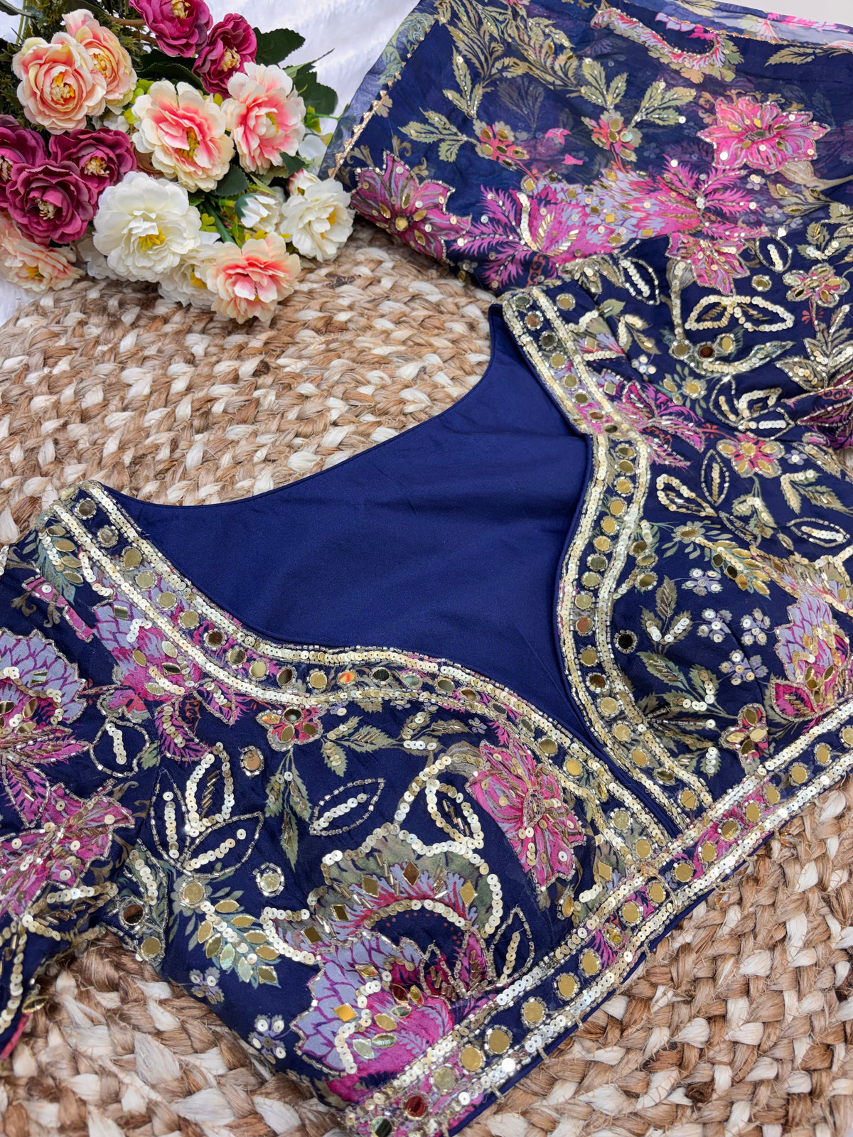 Blue Floral Embellished Saree