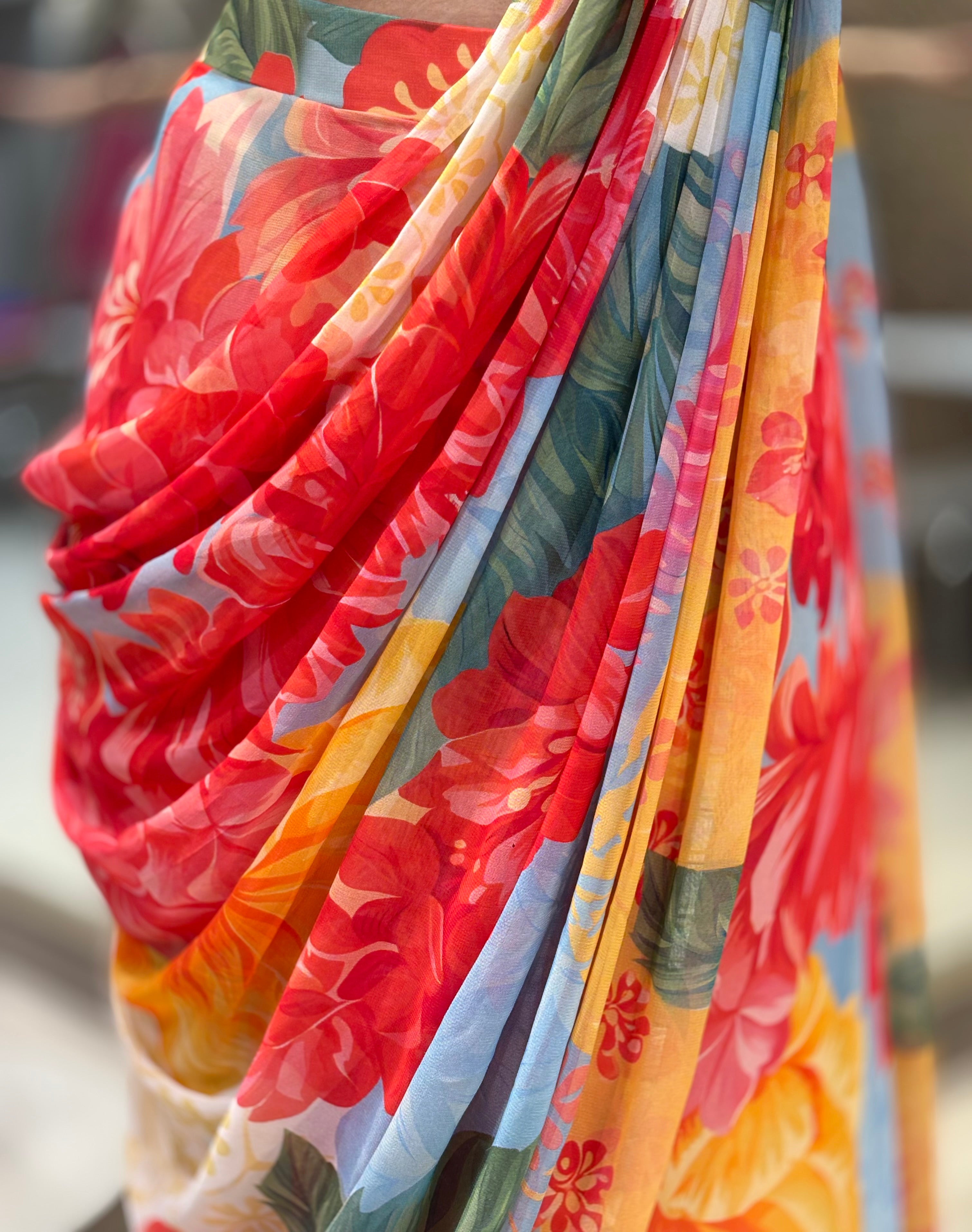 Multicolour Floral Pre Draped Saree