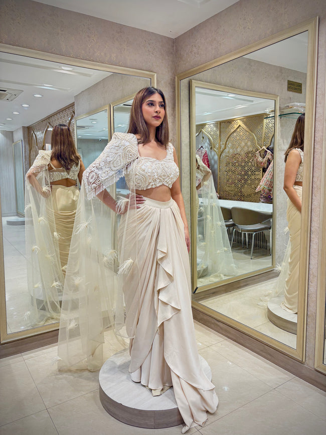 Ivory Indo-Western Draped Skirt and Cape set Hover Image