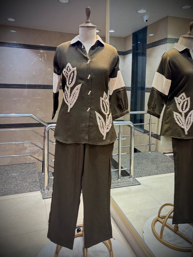 Olive Drab Hand-Embellished Co-Ord Set Hover Image
