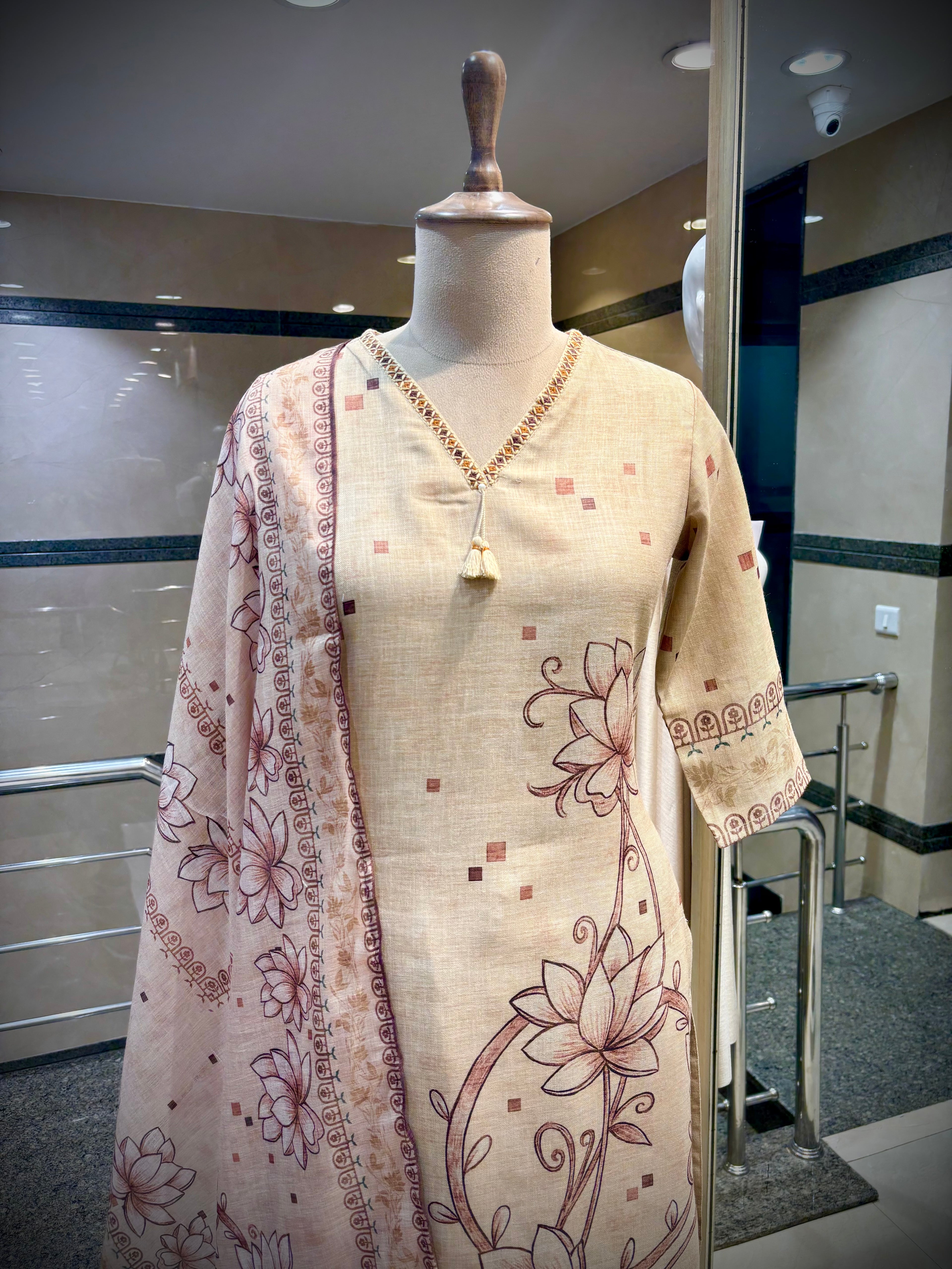 Muted beige Lotus Sketch Kurta Set