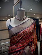 Charcoal & Madder Red Tussar Silk Saree