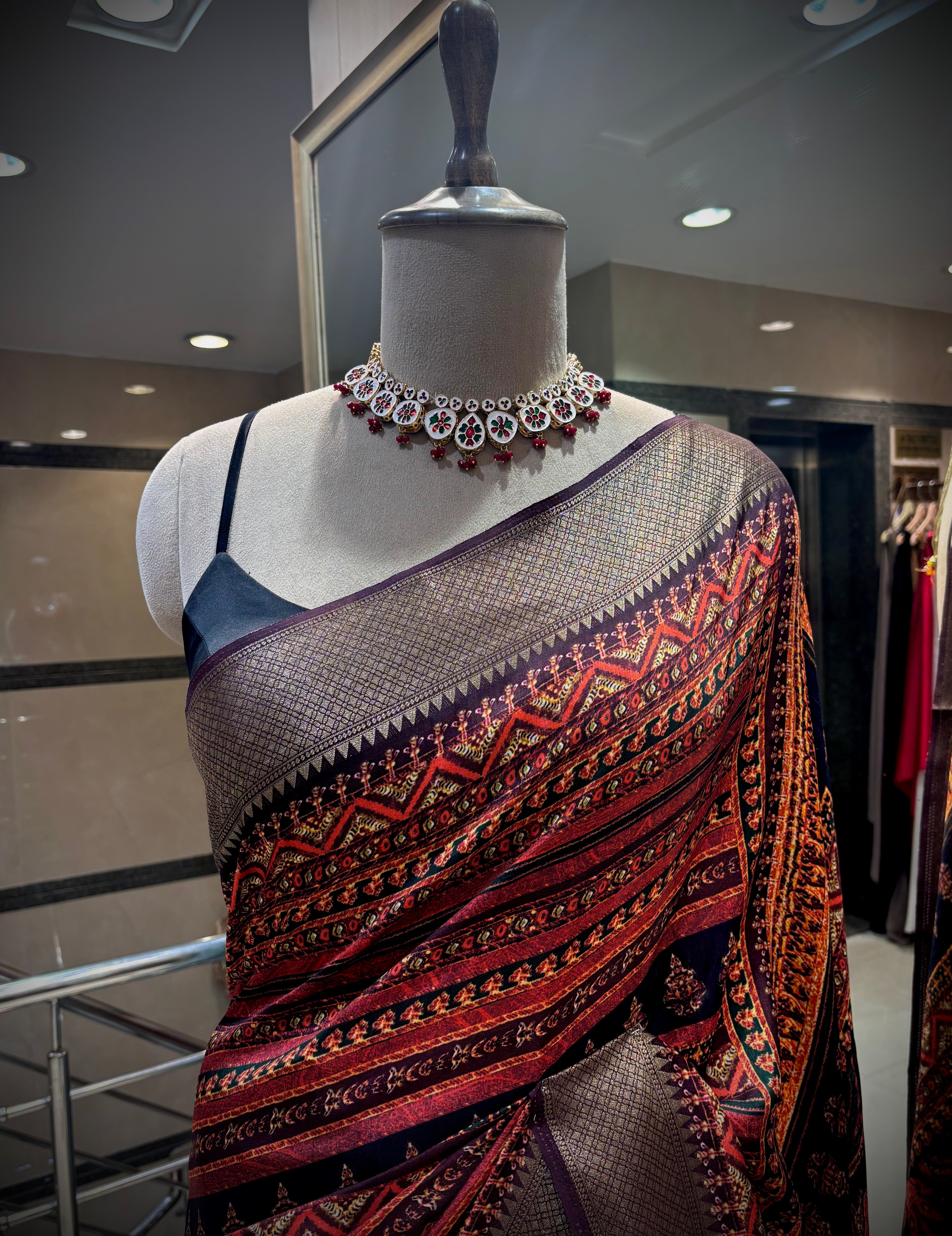 Charcoal & Madder Red Tussar Silk Saree