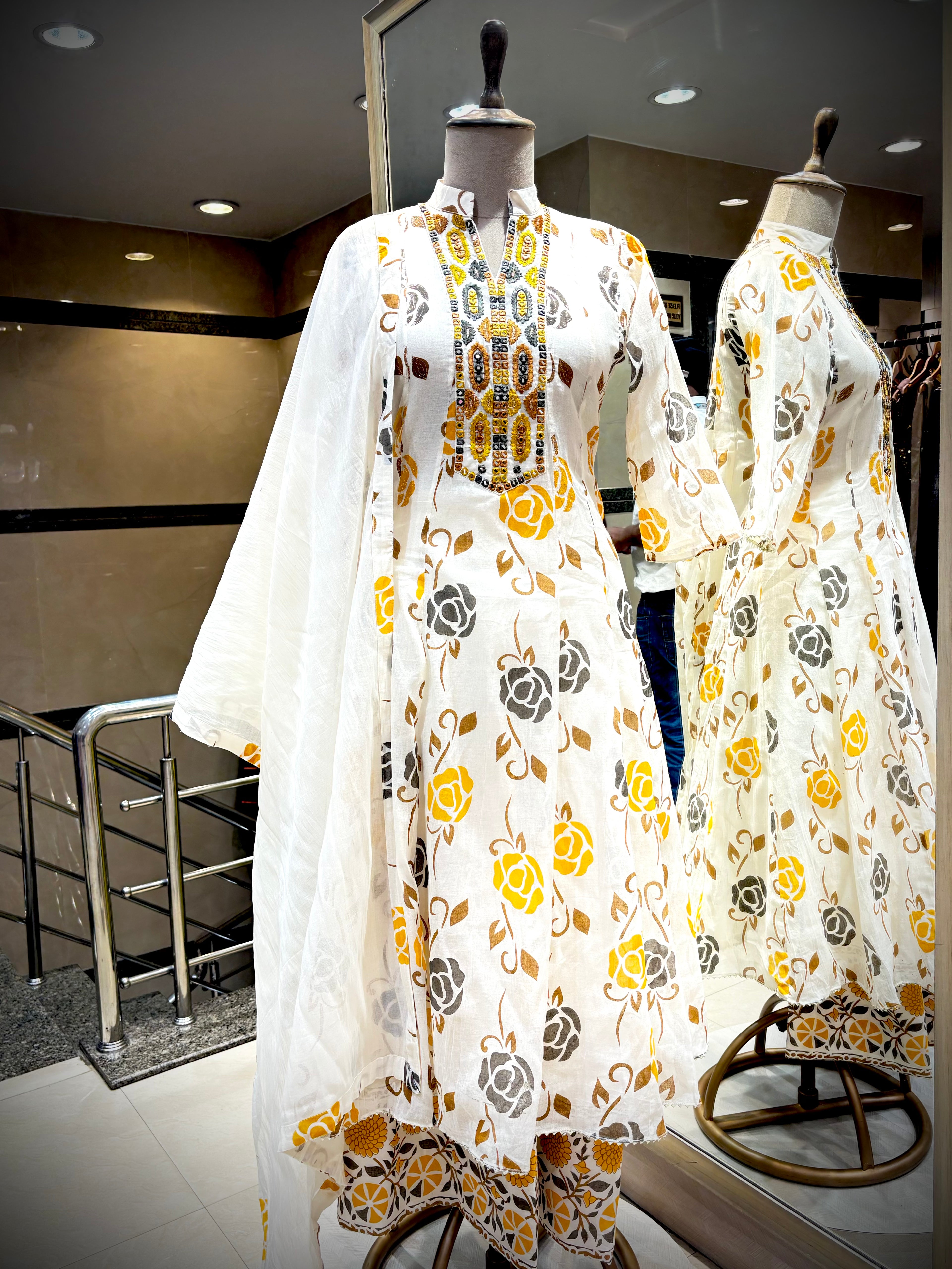 Mustard & Charcoal Floral Anarkali Set
