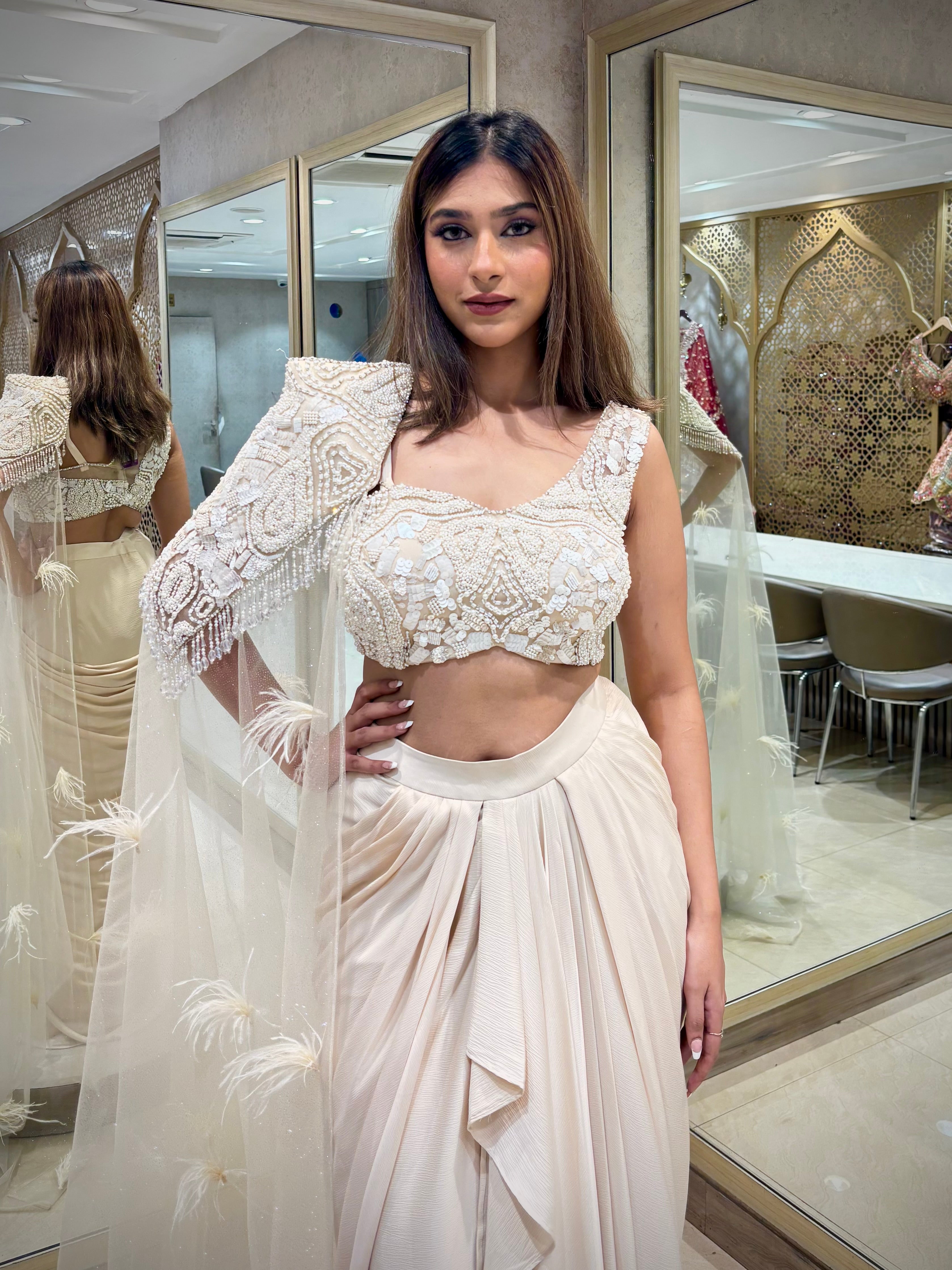 Ivory Indo-Western Draped Skirt and Cape set