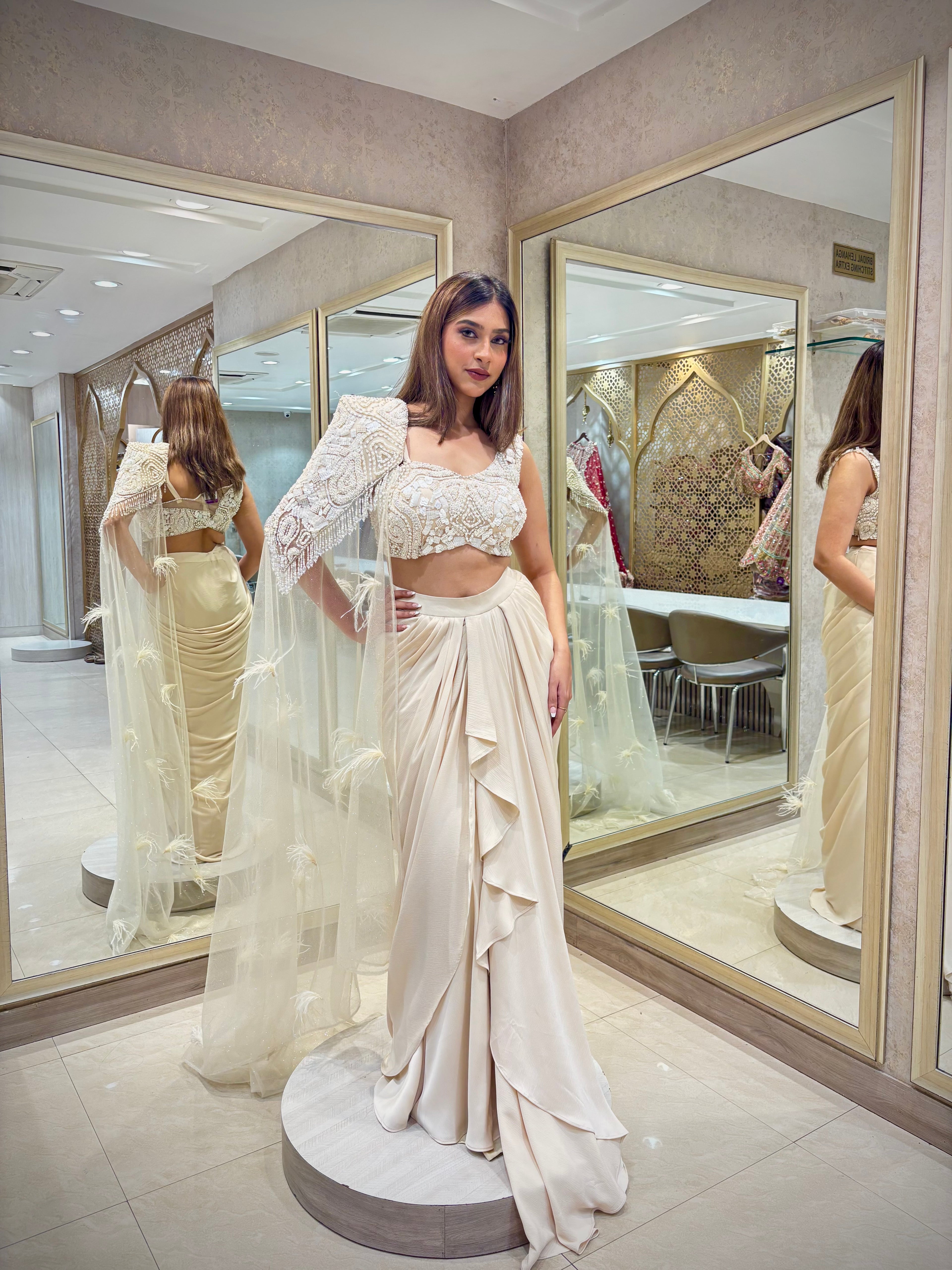 Ivory Indo-Western Draped Skirt and Cape set