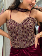 Maroon Embellished Drape Set