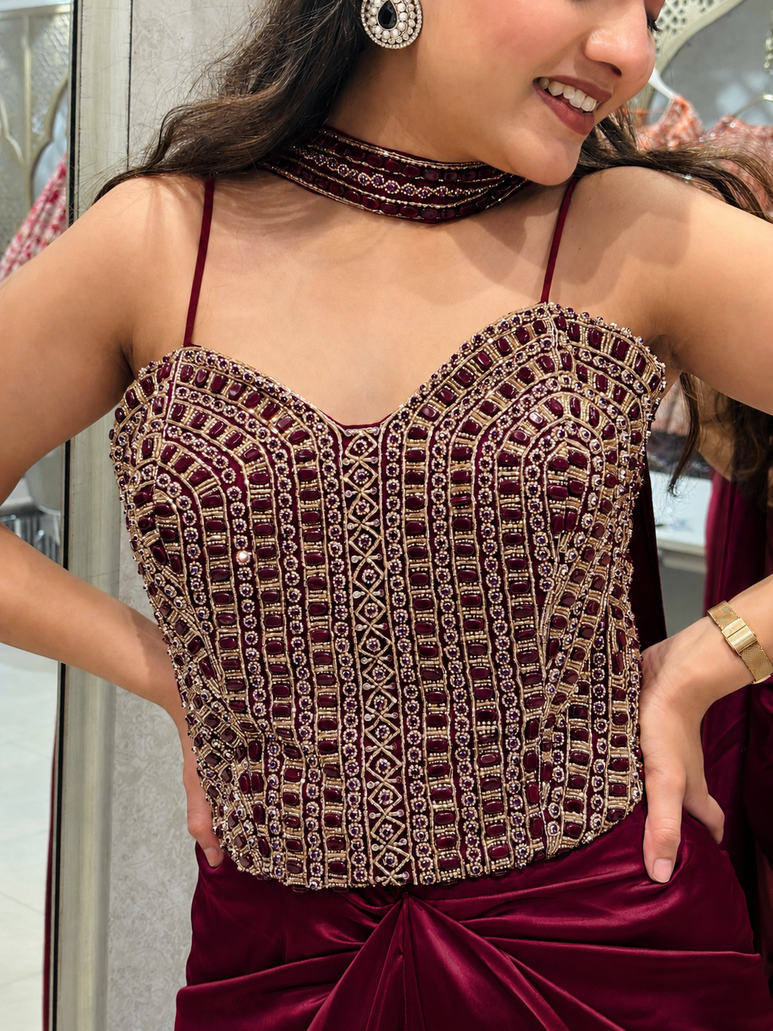 Maroon Embellished Drape Set