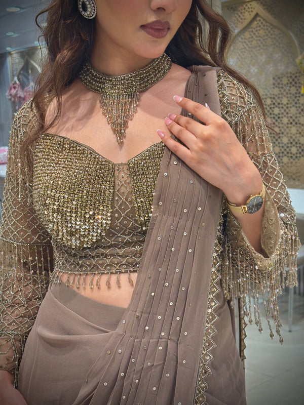 Misty Taupe Pre Draped Saree Set