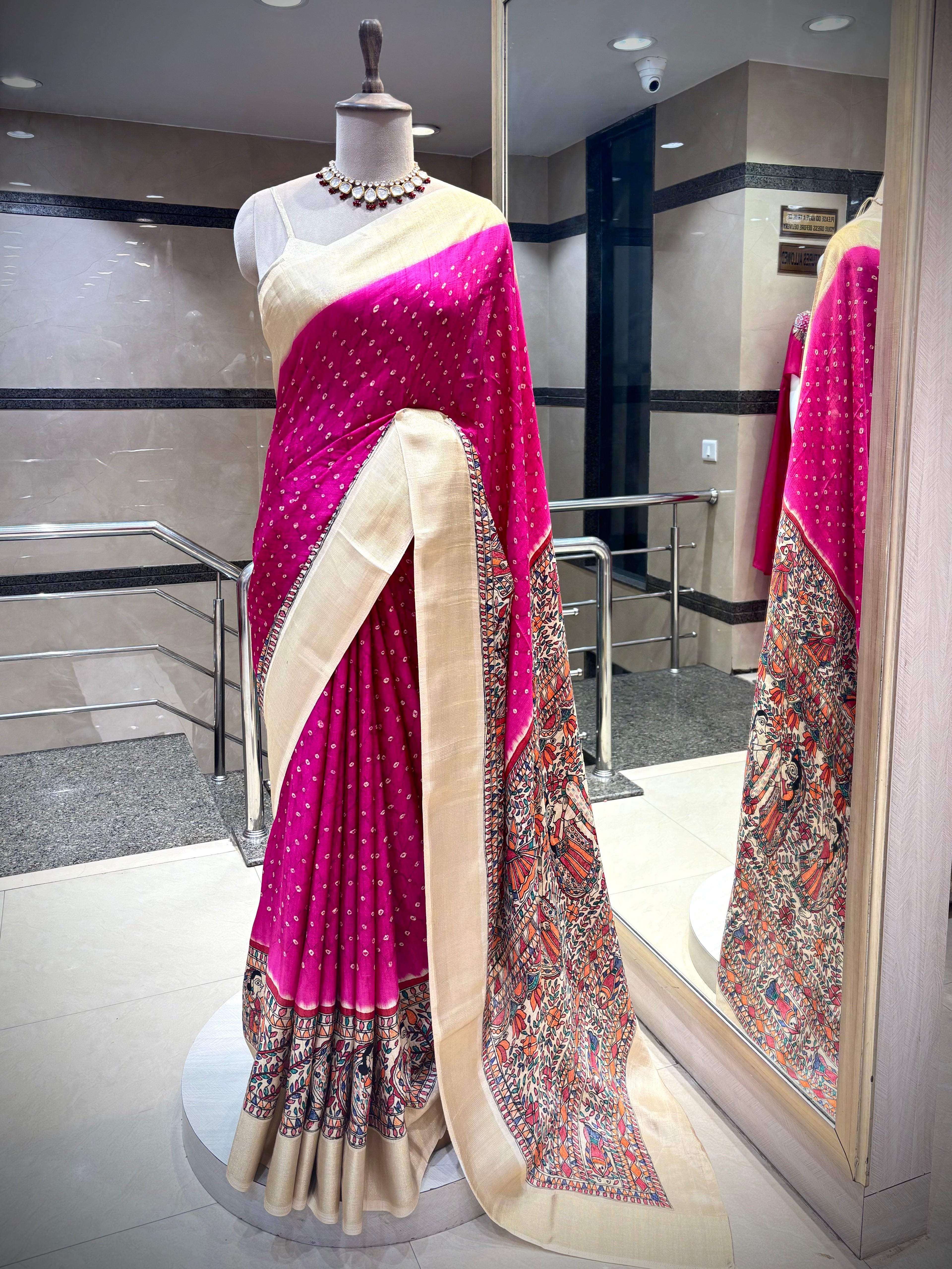 Magenta Bandhani Tussar Silk Saree with Kalamkari Border