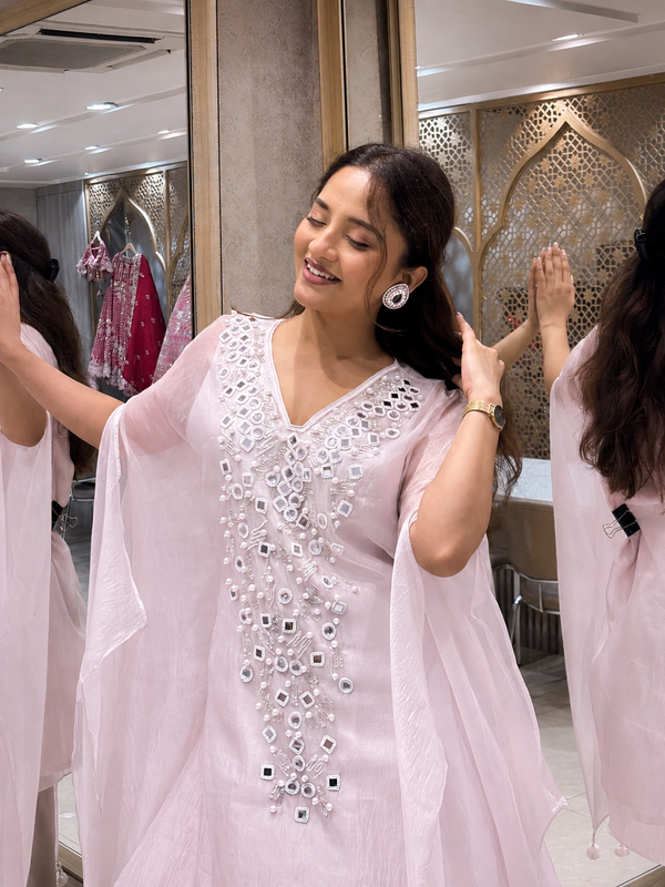 Pastel Pink Hand-Embellished Kaftan Set