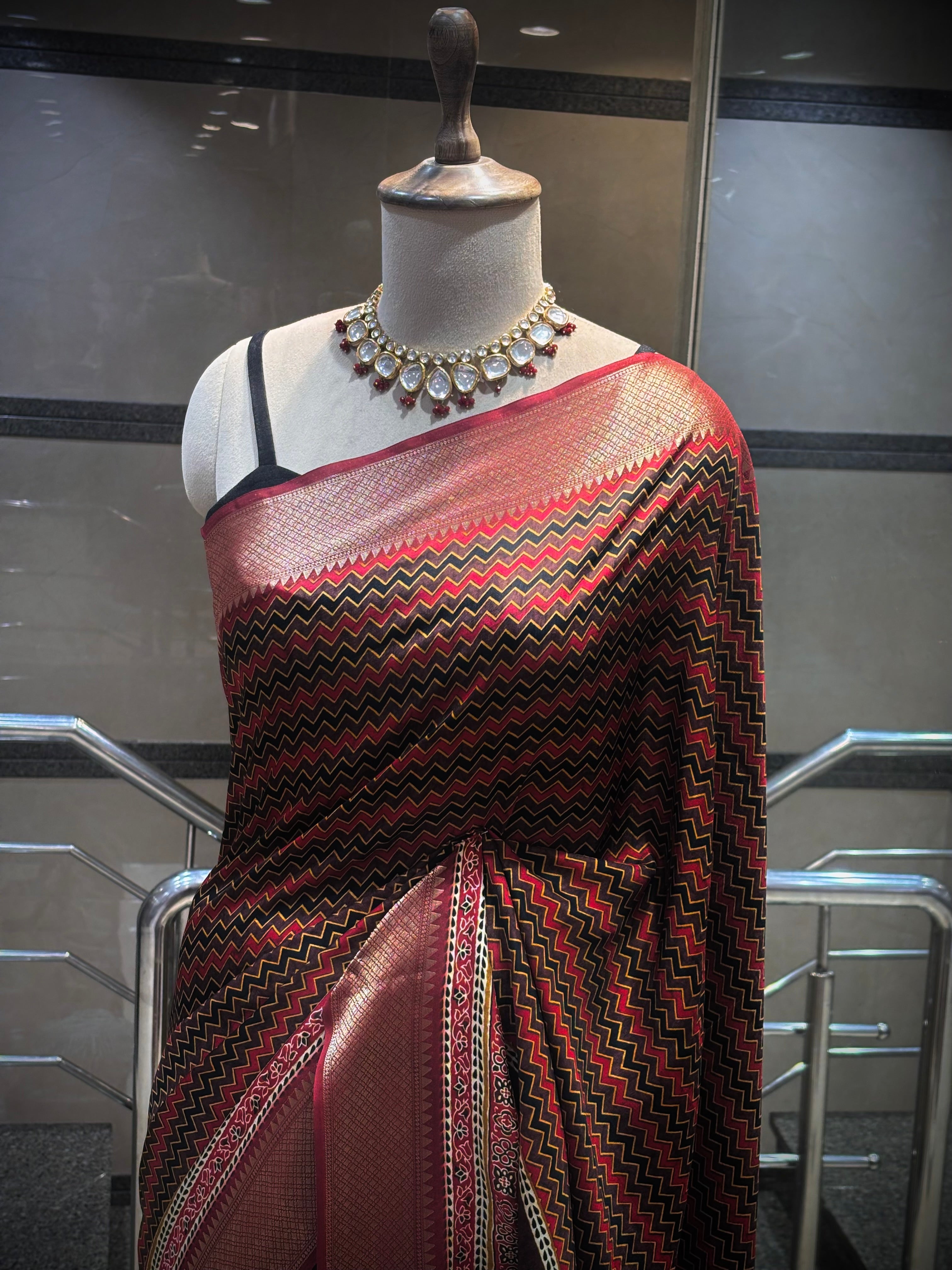 Chevron Print Saree with Zari Borders
