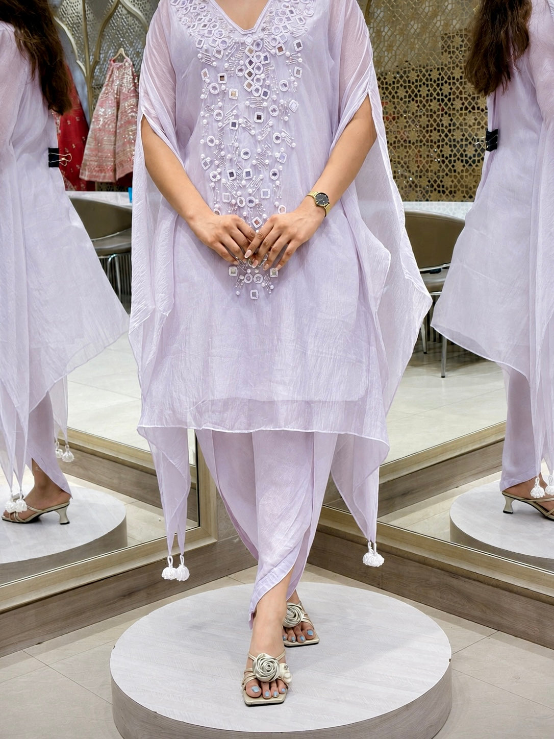 Pastel Lilac Hand-Embellished Kaftan Set
