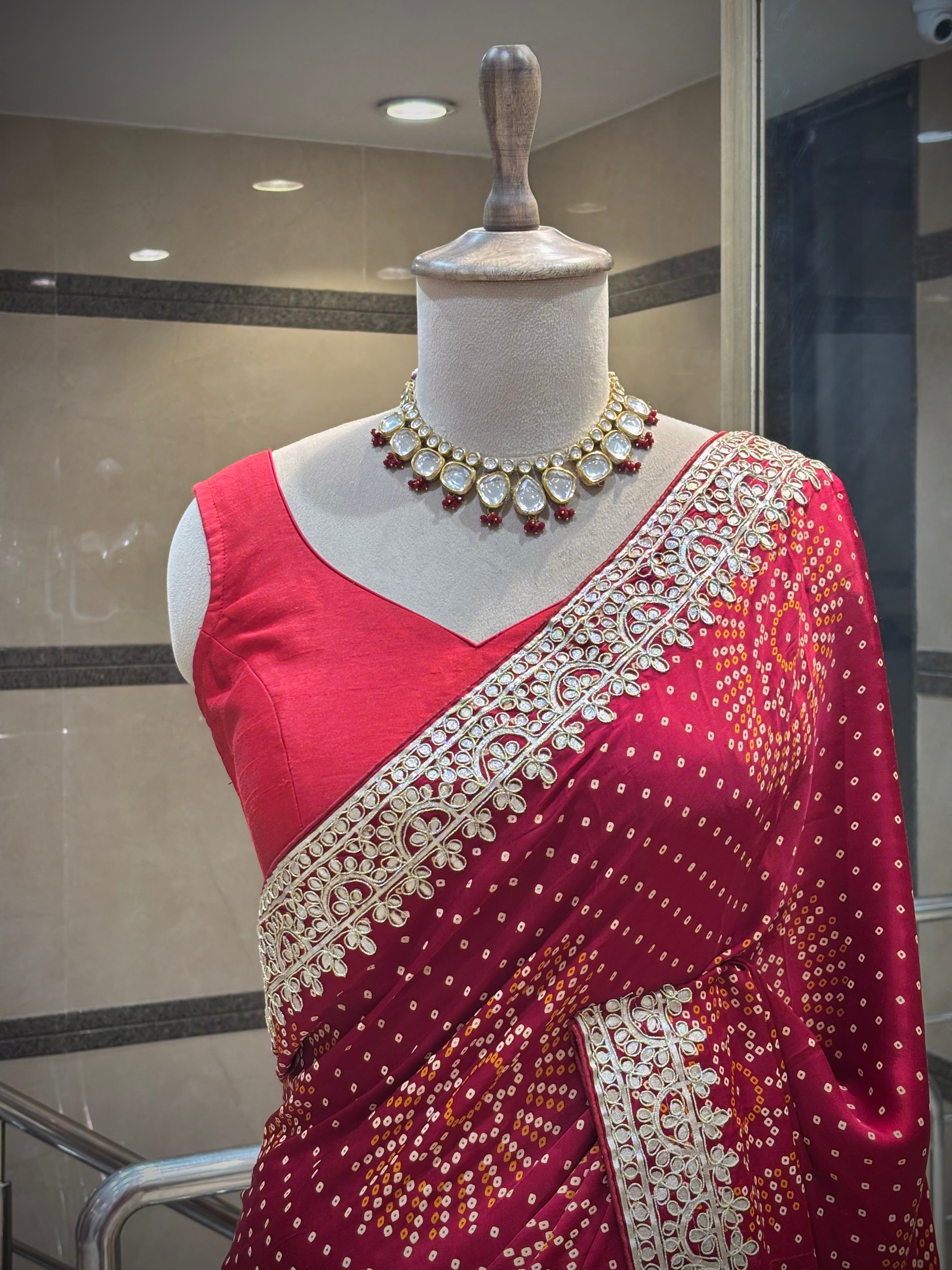 Handcrafted Bandhani Saree with Gota Patti