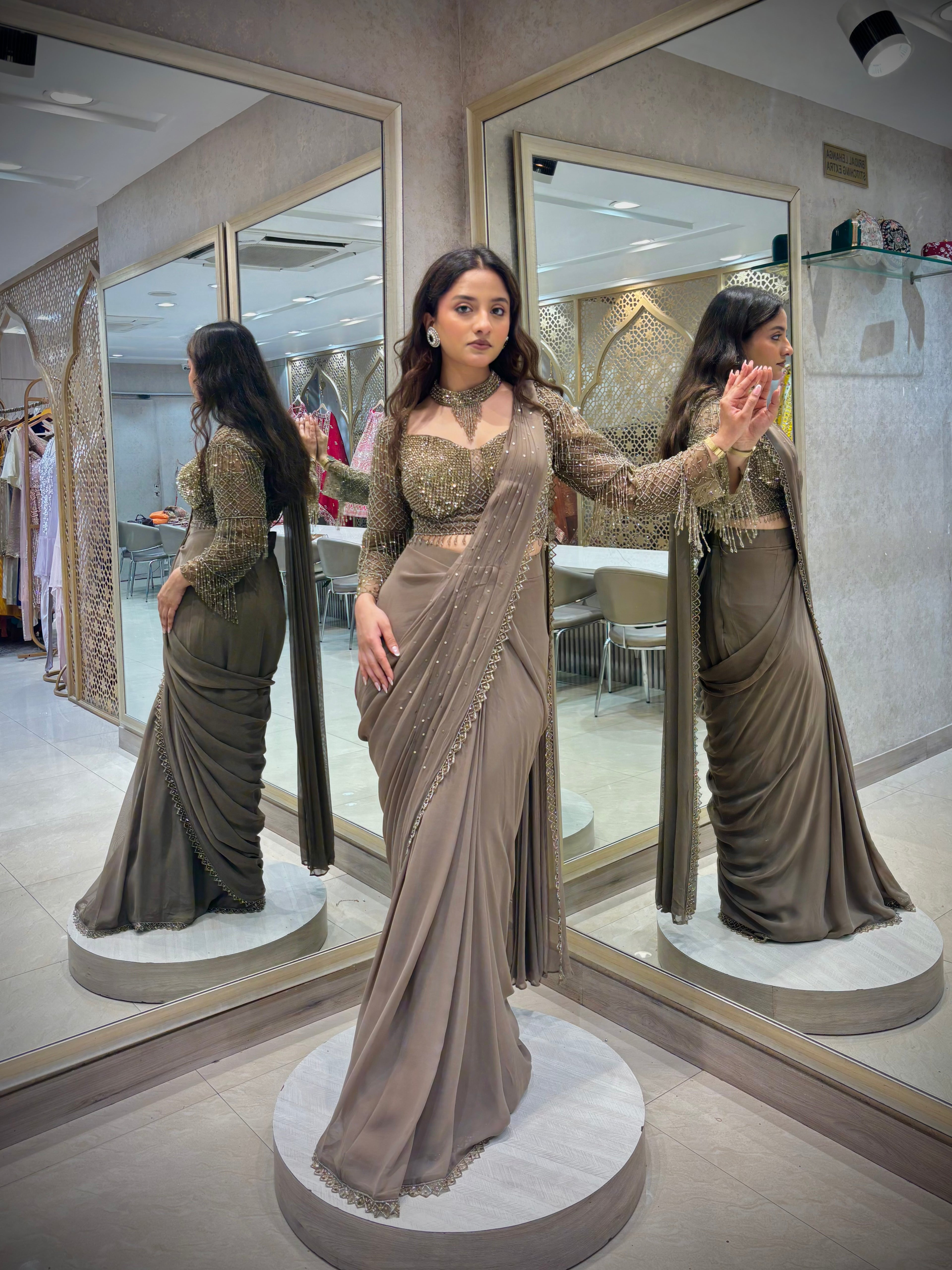 Misty Taupe Pre Draped Saree Set