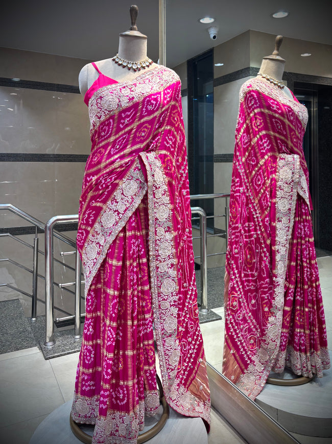 Rani Pink Bandhani & Gota Patti Saree Hover Image
