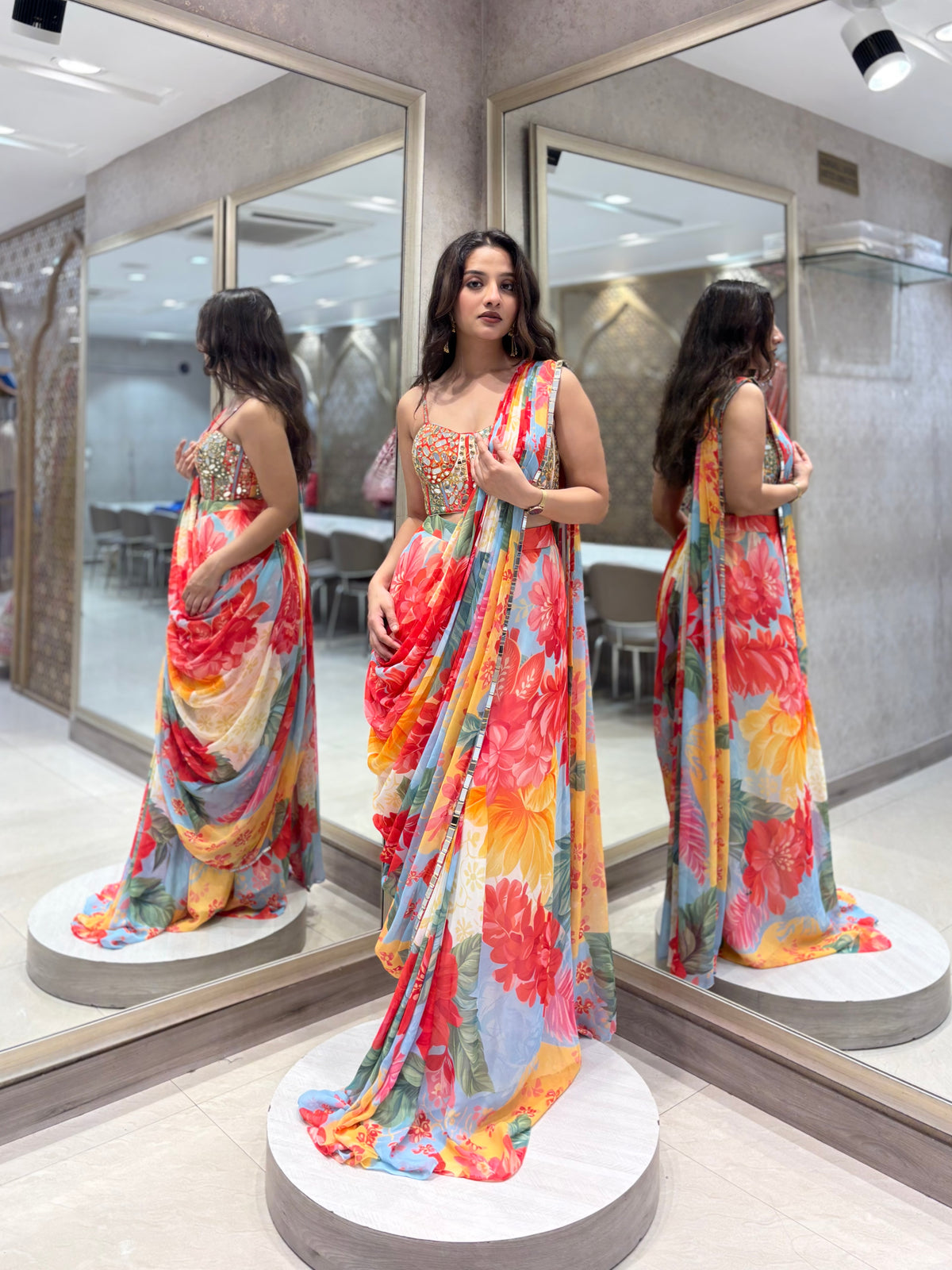 Multicolour Floral Pre Draped Saree