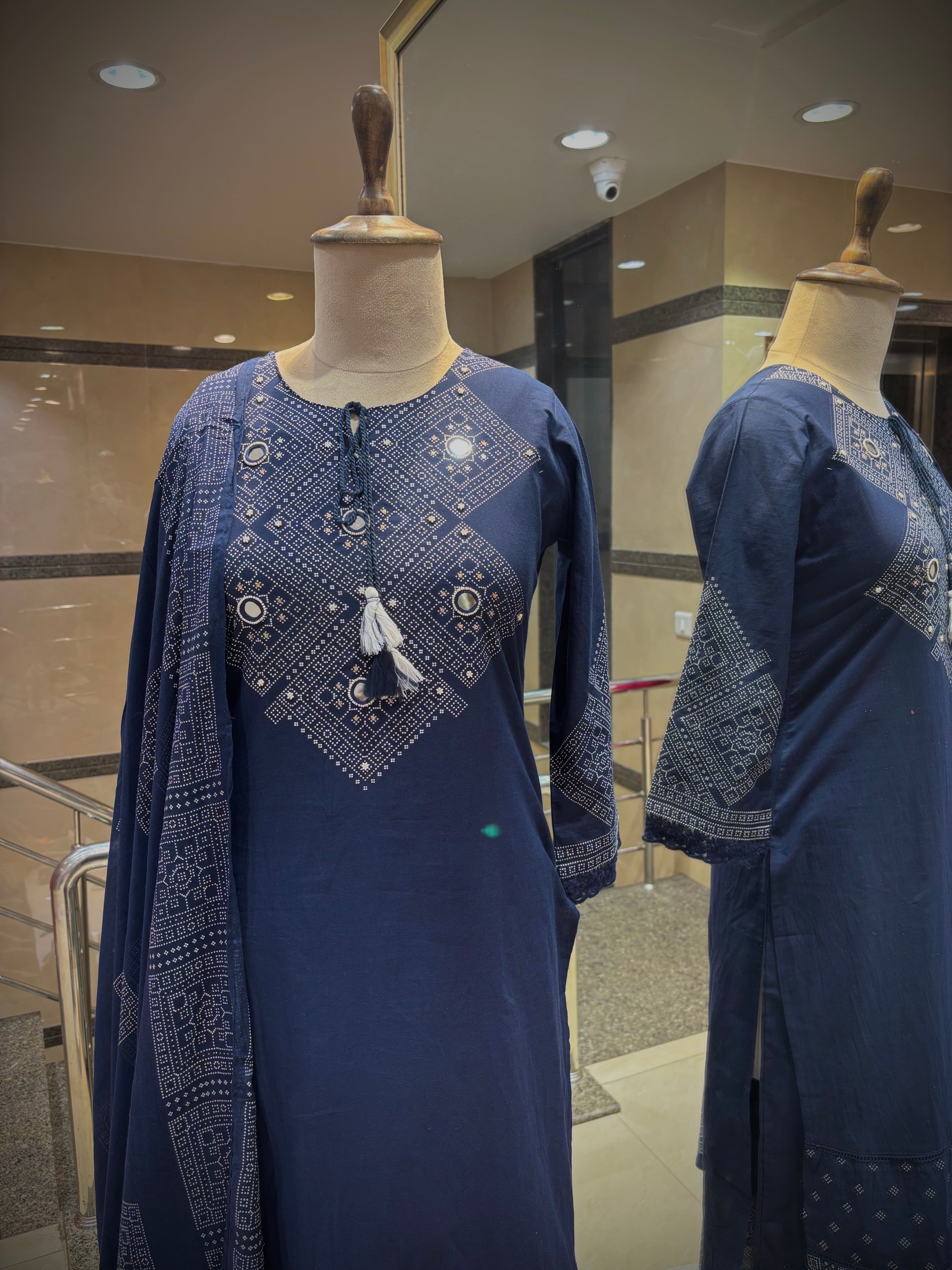 Indigo Navy Geometric Grid Kurta Set