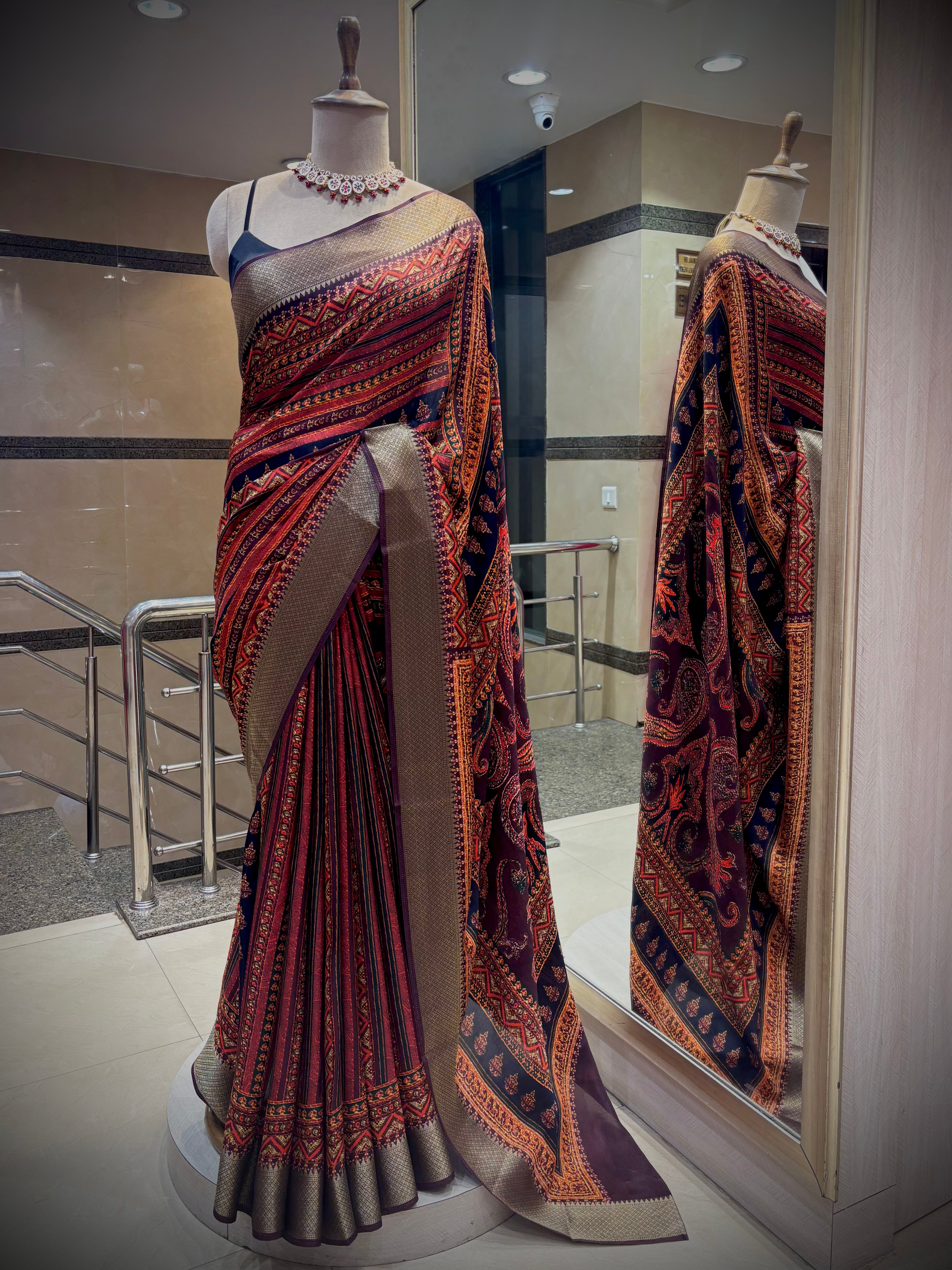 Charcoal & Madder Red Tussar Silk Saree