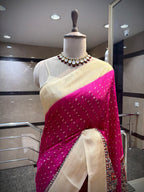 Magenta Bandhani Tussar Silk Saree with Kalamkari Border