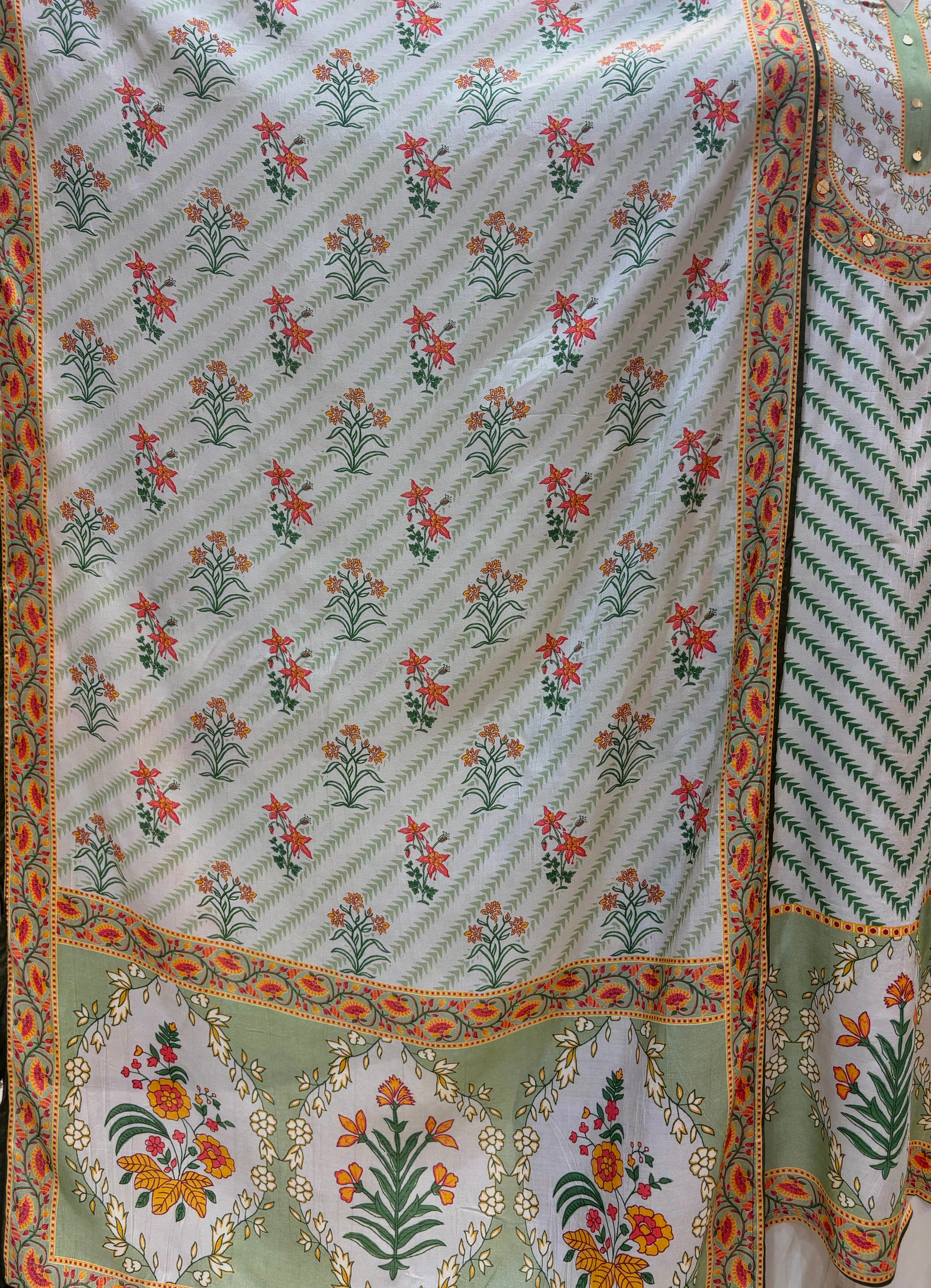 Sage & Coral Floral-Mughal Kurta Set