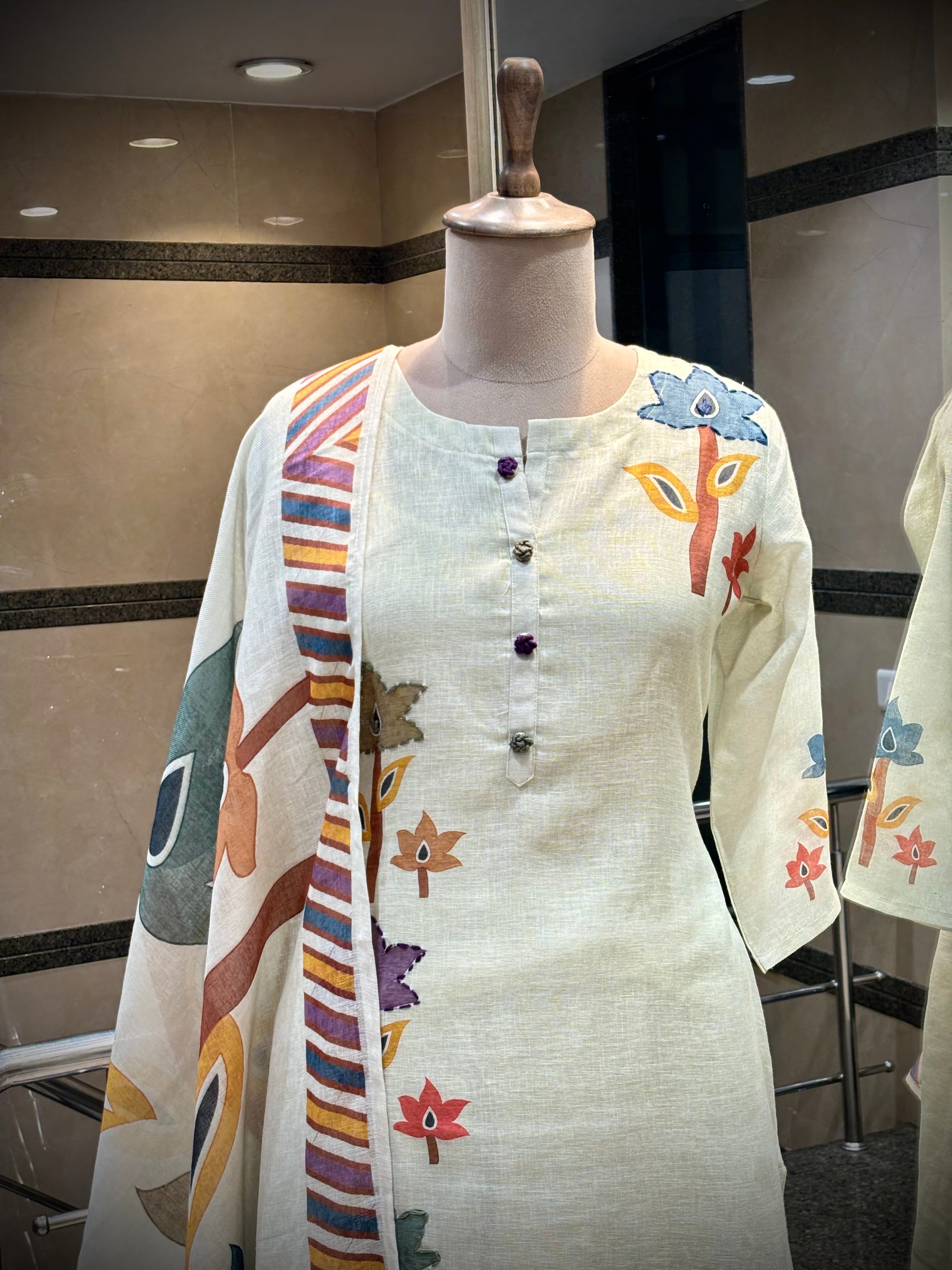 Printed & Embroidered Linen Kurta Set