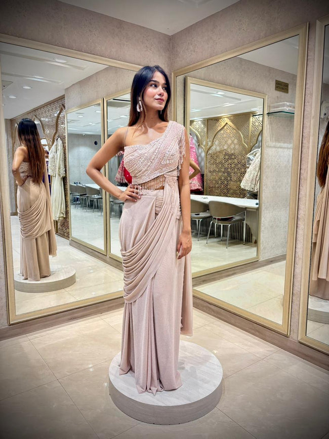 Champagne Blush Ready to Drape Saree Hover Image