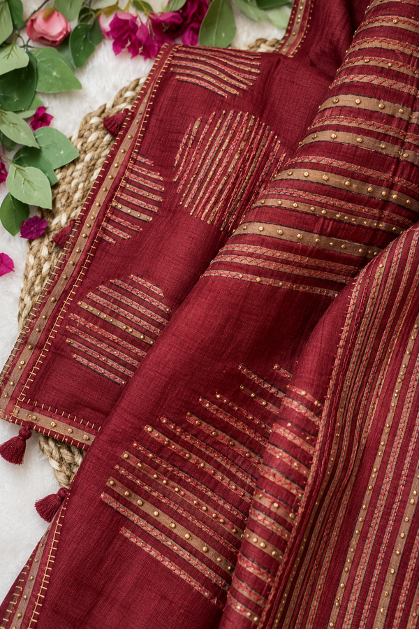 Maroon Pure Tussar Silk Saree