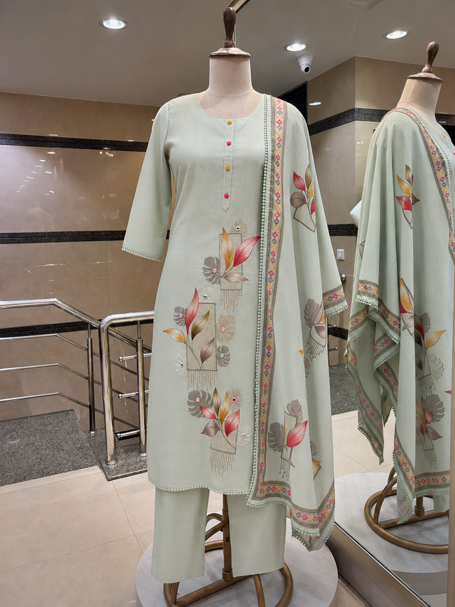 Pastel Sage Botanical Kurta Set Hover Image