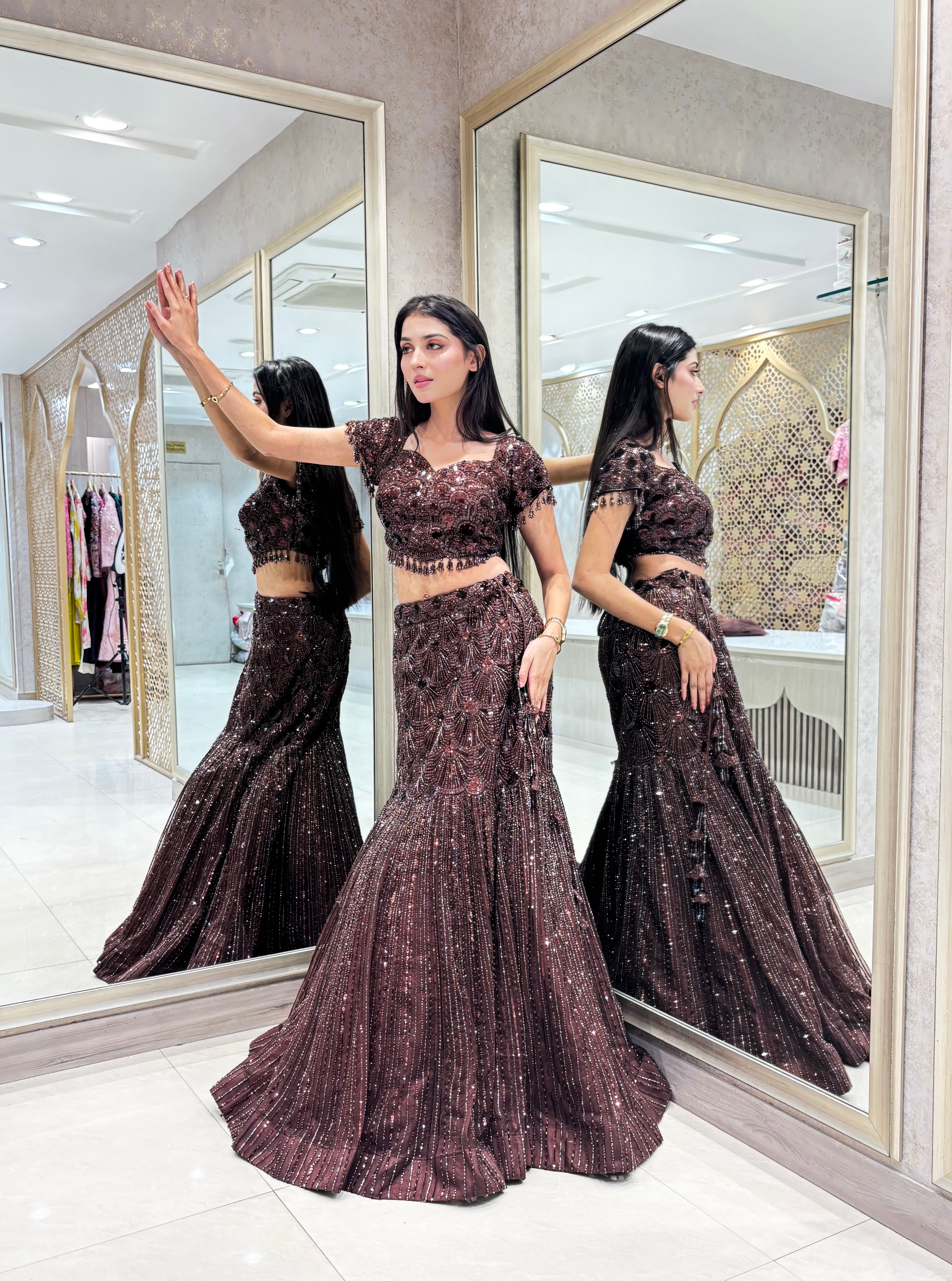 Espresso Leaf-Motif Mermaid Gown
