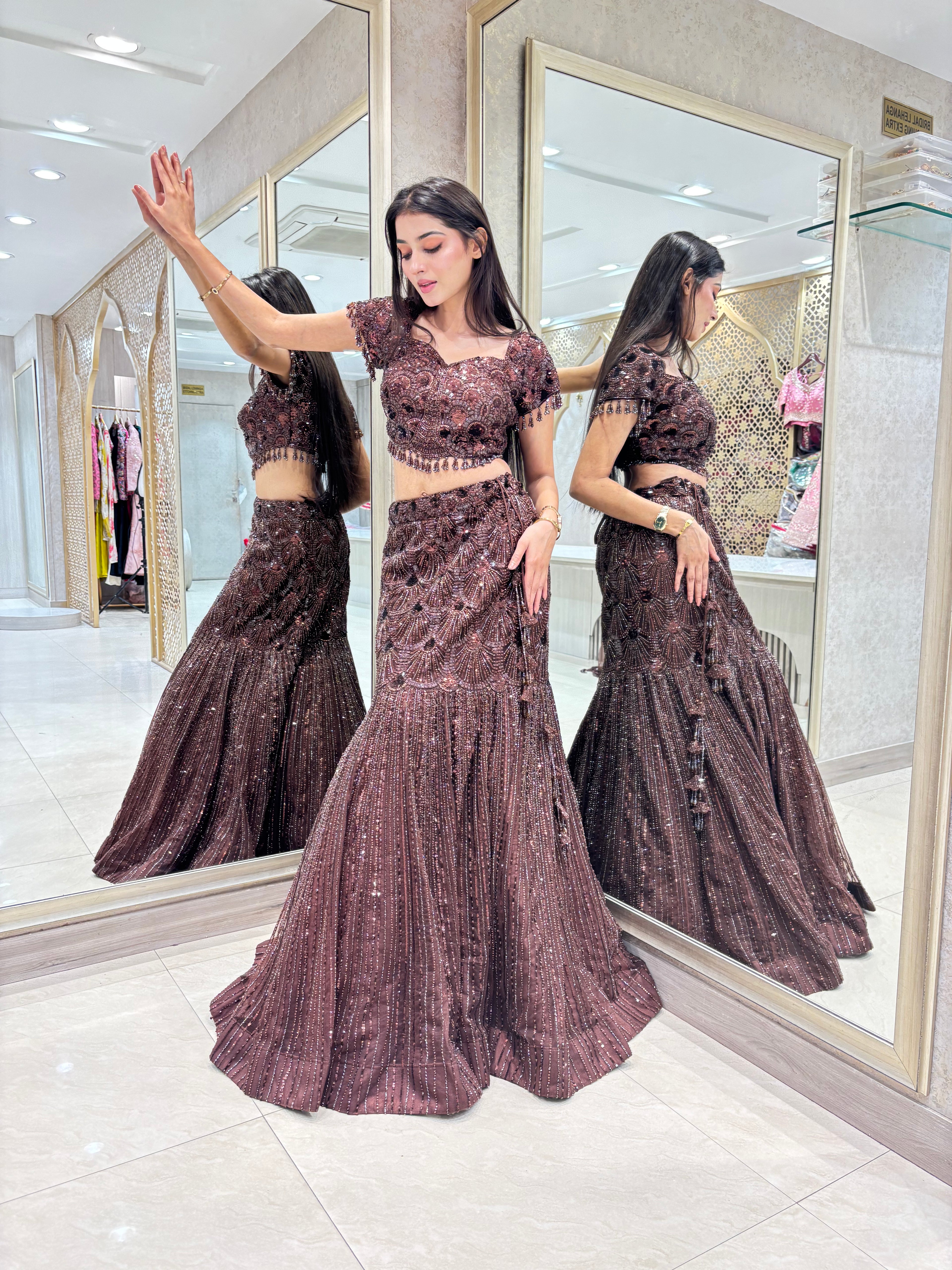 Espresso Leaf-Motif Mermaid Gown
