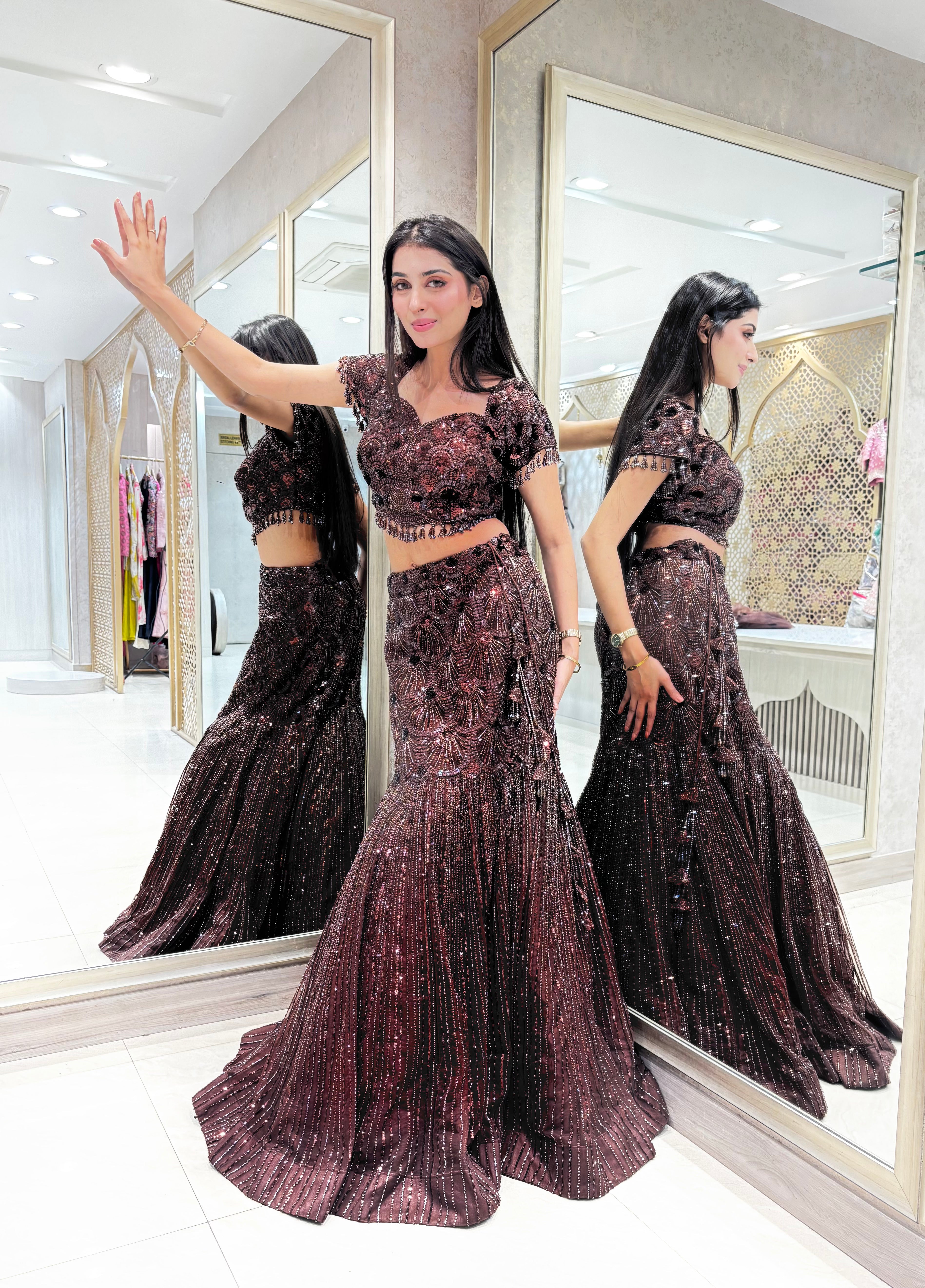 Espresso Leaf-Motif Mermaid Gown