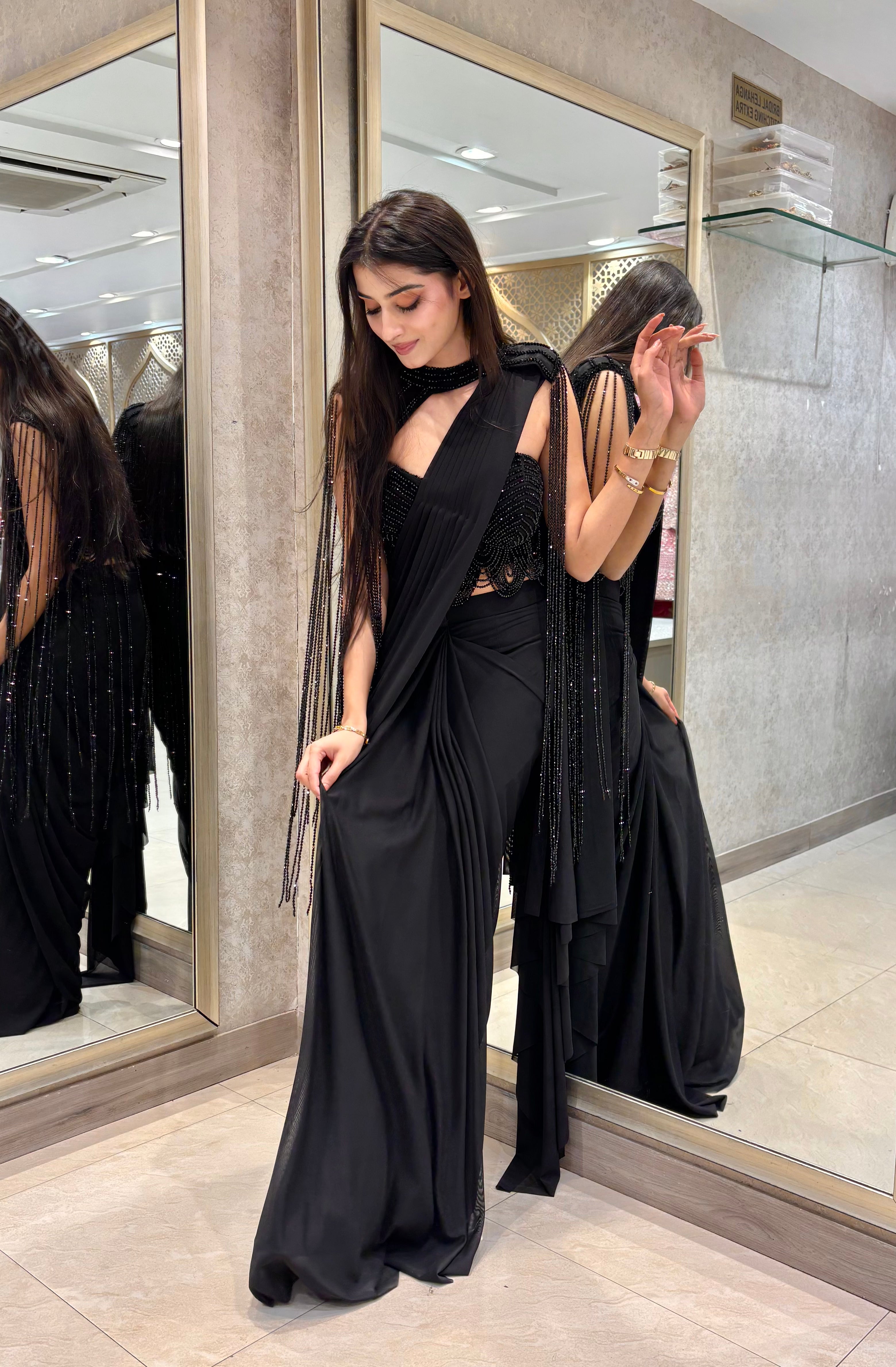 Midnight Black Embellished Pre-Draped Saree