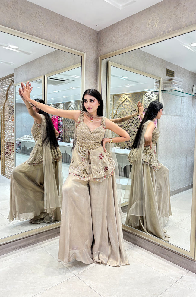 Champagne Gold Shimmer Tissue Peplum Palazzo Set with Organza Dupatta Hover Image