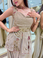 Champagne Gold Shimmer Tissue Peplum Palazzo Set with Organza Dupatta