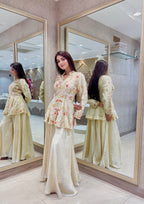 Ivory Silk Peplum Sharara Set with Coral & Gold Embroidery
