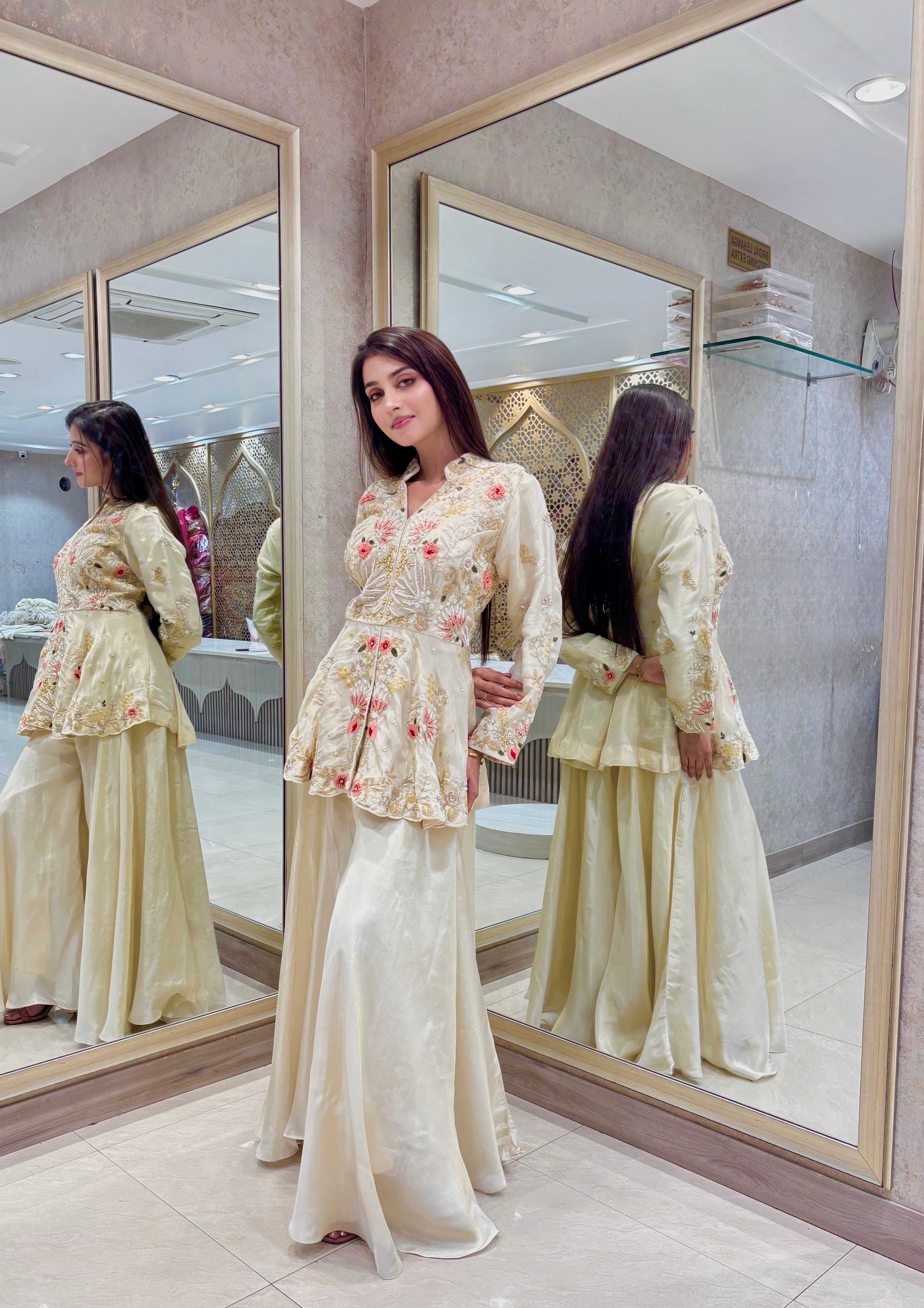 Ivory Silk Peplum Sharara Set with Coral & Gold Embroidery