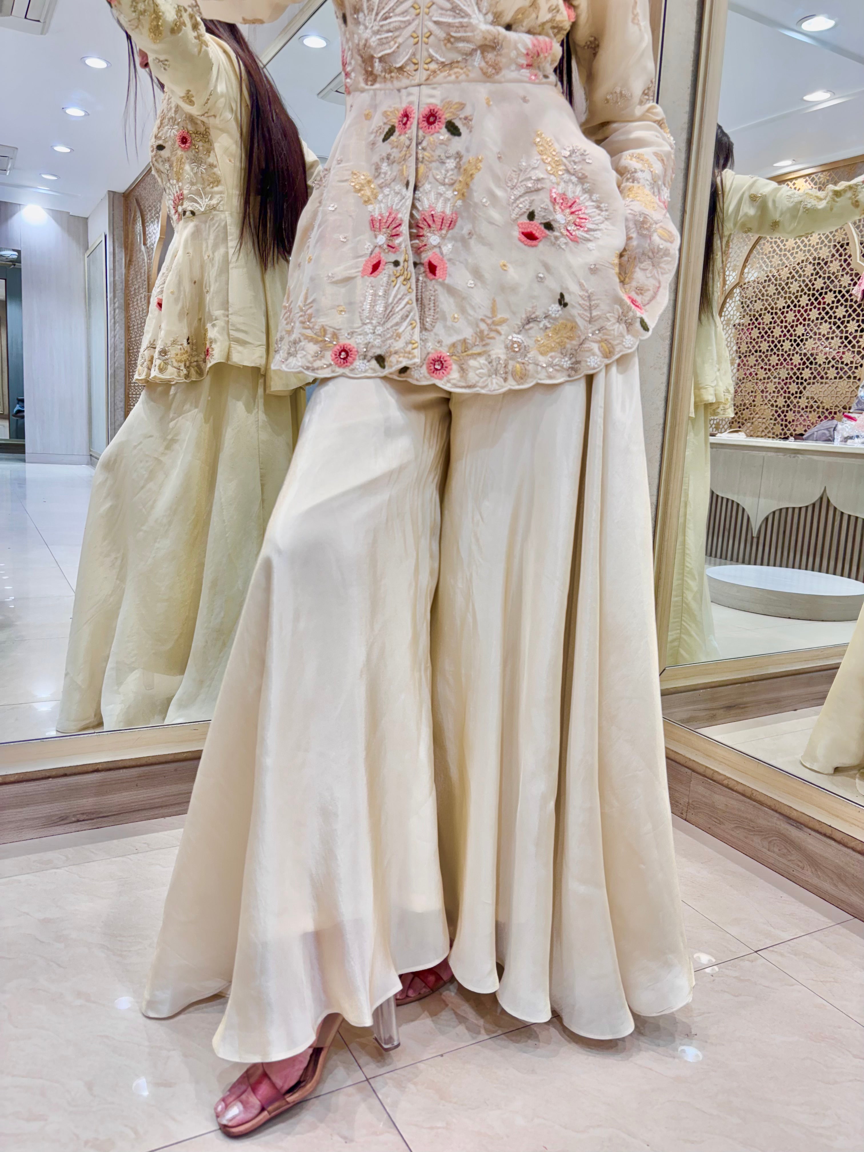 Ivory Silk Peplum Sharara Set with Coral & Gold Embroidery