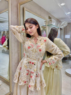 Ivory Silk Peplum Sharara Set with Coral & Gold Embroidery