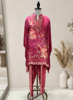 Magenta Floral Satin Kaftan & Dhoti Pant Set